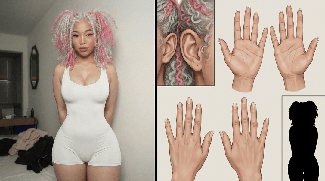 Add three more detail panels to the right-side column below the existing face close-ups: (1) A clean isolated study of both ears — left ear and right ear shown side by side at medium-close range, capturing helix shape, lobe attachment, and how hair interacts with each ear differently. (2) A hand reference panel showing both hands in a relaxed neutral pose, palms facing forward then rotated to show dorsal side, with clean fingernail definition and knuckle structure — these will be referenced for future outfit and pose designs. (3) A pure black silhouette overlay of the full-body front view, placed as a small inset, to verify the character's read is strong and recognizable from shape alone — no internal detail, just the contour. This is a standard production-sheet quality check.
