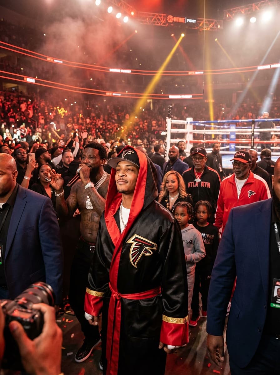 Ultra-realistic cinematic boxing ring walkout scene featuring T.I. entering a ring for a major fight. T.I. iswalking in boxing  wearing a custom Atlanta Falcons-inspired boxing robe — black and red satin, falcon logo stitched across the back, gold trim, hood partially on, signature tilted fitted cap underneath. His physique is lean and sharp, walking with calm confidence, slight smirk, eyes focused ahead. Beside him: Gucci Mane walking and performing live, rapping into a microphone, iced-out jewelry shining, hyping up the crowd with high ATL energy. Behind them: His wife, kids, ATL rap legends, and full team walking together, security holding back fans, strong Atlanta presence.  🎥 SCENE DETAILS Environment: inside ring , crowd roaring loudly Lighting: warm red tones mixed with gold highlights, dramatic spotlight beams, smoke effects Camera: slow tracking cinematic shot, slight low angle to make him look powerful, smooth glide movement Style: boxing walkout meets concert performance energy Effects: fog, flashing lights, crowd phones glowing, confetti or sparks Mood: confident, legendary, showtime energy Color grading: warm red/orange tones, cinematic contrast, subtle film grain Resolution: 8K ultra-detailed