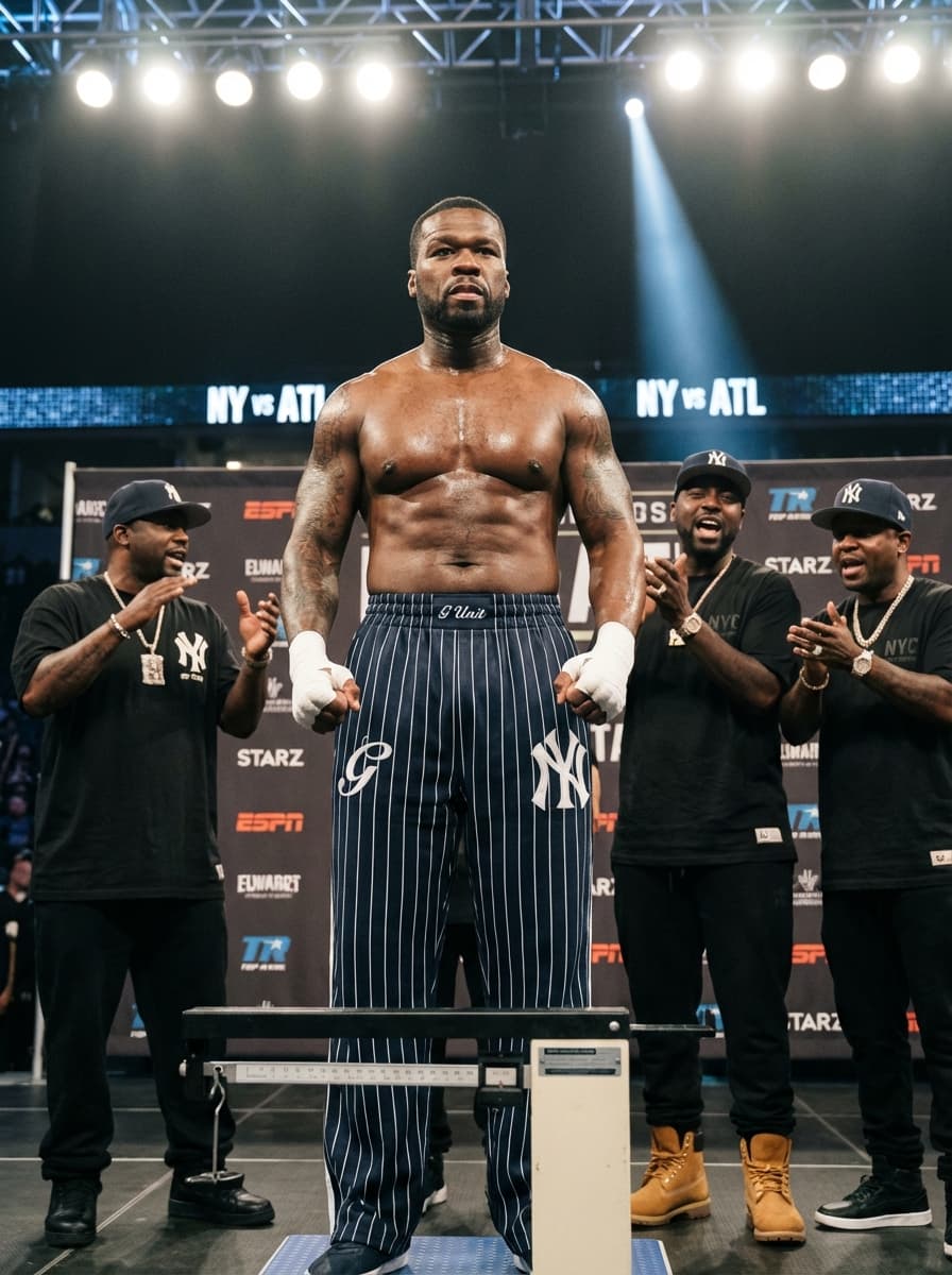 Ultra-realistic cinematic boxing weigh-in scene featuring 50 Cent standing alone on a professional weigh-in scale platform inside a packed arena. 50 Cent is shirtless, muscular and highly defined, veins visible, sweat lightly glistening under bright stage lights. He is wearing custom G-Unit x NYC Yankees boxing trunks (navy blue with white pinstripes, Yankees-inspired design). His hands are wrapped in white boxing wraps, fists slightly clenched. Timberland boots placed beside the scale. He stands confidently, looking straight ahead with an intense, focused expression, chin slightly raised. Behind him: Tony Yayo and G-Unit members standing in support, dressed in NYC streetwear, chains, fitted caps, hyping him up.  🎥 CINEMATIC DETAILS Environment: official weigh-in stage, sponsor logo backdrop, LED screen faintly showing “NY vs ATL” Lighting: bright overhead press lighting + dramatic spotlight highlighting upper body definition Camera: 85mm portrait lens, chest-up framing, shallow depth of field Style: hyper-realistic, ESPN boxing weigh-in aesthetic, gritty but clean Textures: sweat sheen, detailed muscles, fabric textures, jewelry reflections Mood: calm but dangerous, locked-in energy Color grading: neutral cinematic tones, slight contrast, subtle film grain Resolution: 8K ultra-detailed