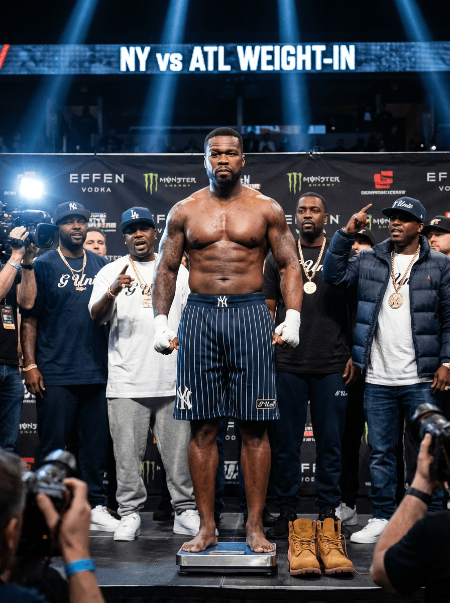 Ultra-realistic cinematic boxing weigh-in scene featuring 50 Cent standing alone on a professional weigh-in scale platform inside a packed arena. 50 Cent is shirtless, muscular and highly defined, veins visible, sweat lightly glistening under bright stage lights. He is wearing custom G-Unit x NYC Yankees boxing trunks (navy blue with white pinstripes, Yankees-inspired design). His hands are wrapped in white boxing wraps, fists slightly clenched. Timberland boots placed beside the scale. He stands confidently, looking straight ahead with an intense, focused expression, chin slightly raised. Behind him: Tony Yayo and G-Unit members standing in support, dressed in NYC streetwear, chains, fitted caps, hyping him up.  🎥 CINEMATIC DETAILS Environment: official weigh-in stage, sponsor logo backdrop, LED screen faintly showing “NY vs ATL” Lighting: bright overhead press lighting + dramatic spotlight highlighting upper body definition Camera: 85mm portrait lens, chest-up framing, shallow depth of field Style: hyper-realistic, ESPN boxing weigh-in aesthetic, gritty but clean Textures: sweat sheen, detailed muscles, fabric textures, jewelry reflections Mood: calm but dangerous, locked-in energy Color grading: neutral cinematic tones, slight contrast, subtle film grain Resolution: 8K ultra-detailed
