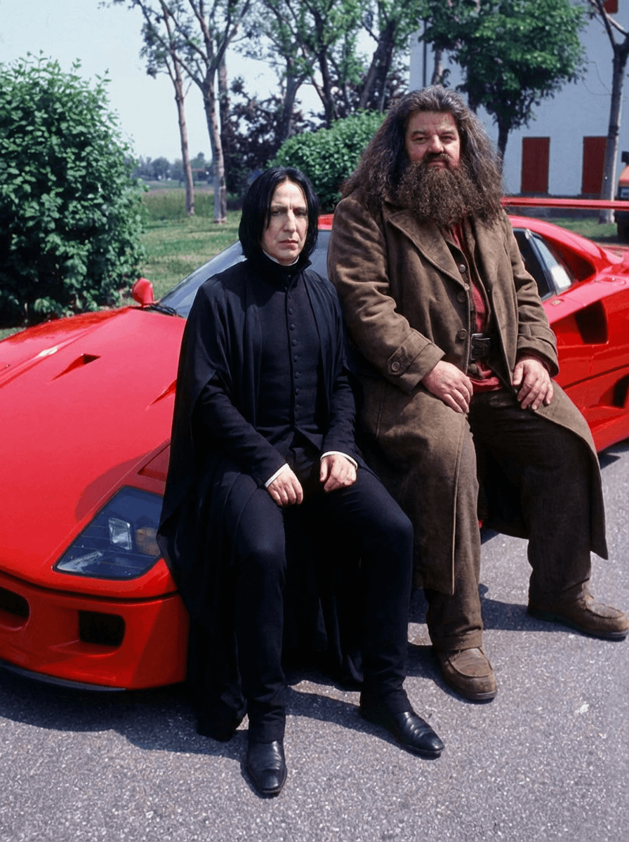  Use the provided image as the base reference. Maintain the exact same environment lighting, camera angle, pose, outfit structure, and composition from the original image. Replace the original subject with  Severus Snape and Rubeus Hagrid  from harry potter wearing outfits attached