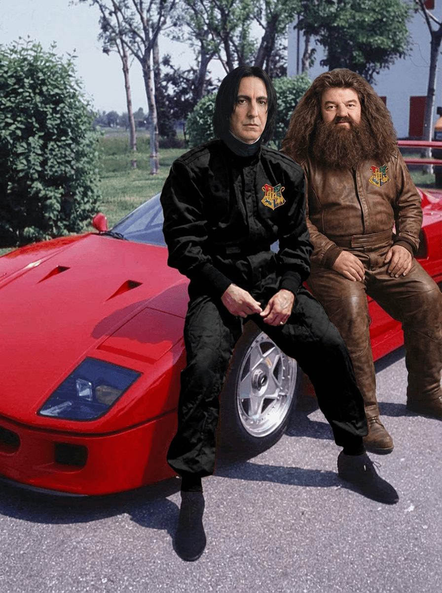  Use the provided image as the base reference. Maintain the exact same environment lighting, camera angle, pose, outfit structure, and composition from the original image. Replace the original subject with  Severus Snape and Rubeus Hagrid  from harry potter wearing outfits attached