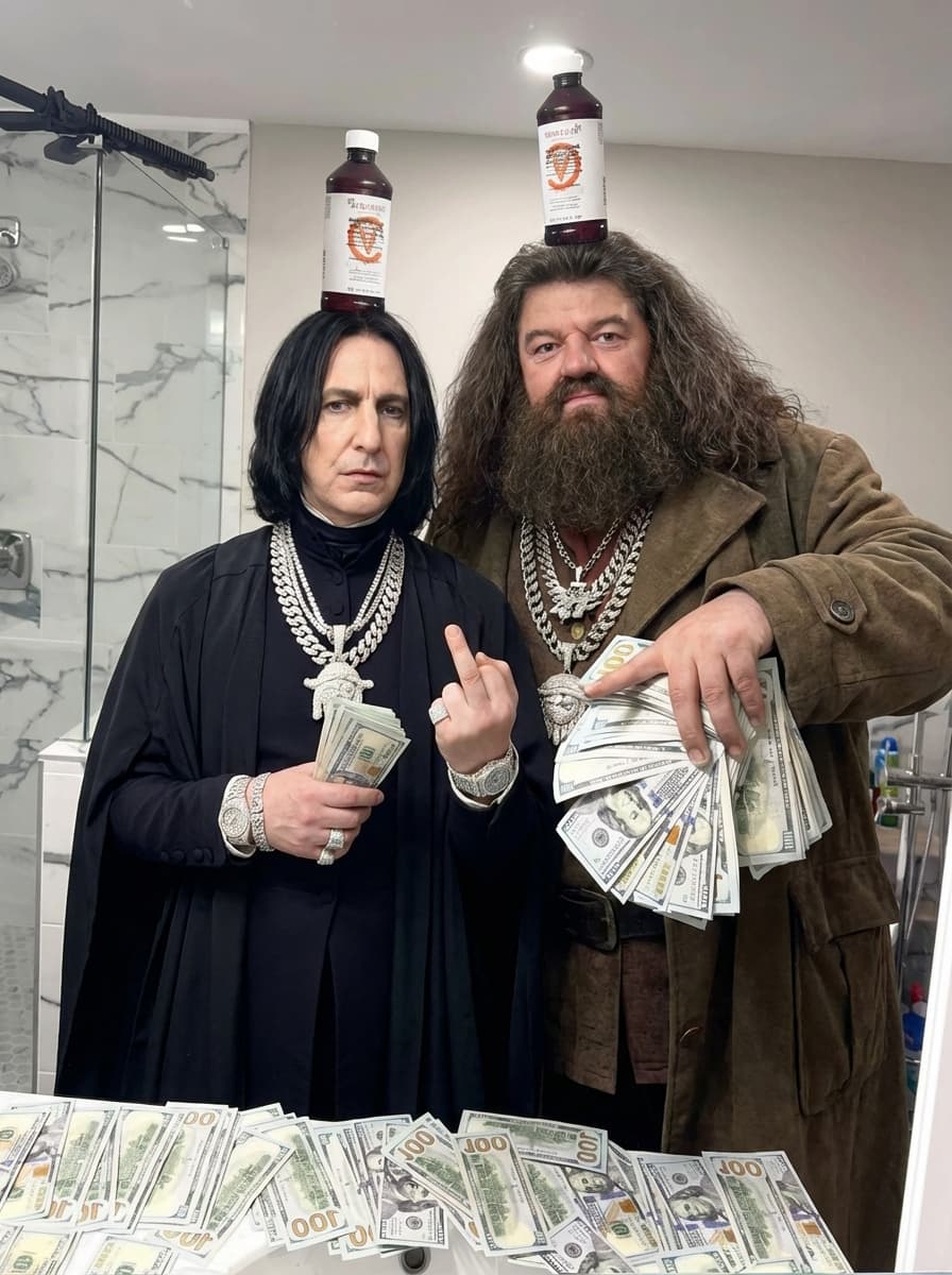  Use the provided image as the base reference. Maintain the exact same environment lighting, camera angle, pose, outfit structure, and composition from the original image. Replace the original subject with  Severus Snape and Rubeus Hagrid  from harry potter wearing outfits attached