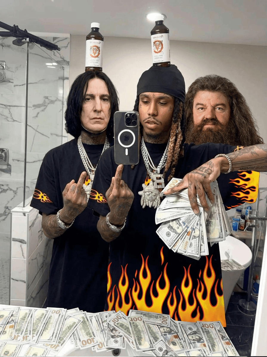  Use the provided image as the base reference. Maintain the exact same environment lighting, camera angle, pose, outfit structure, and composition from the original image. Replace the original subject with  Severus Snape and Rubeus Hagrid  from harry potter wearing outfits attached