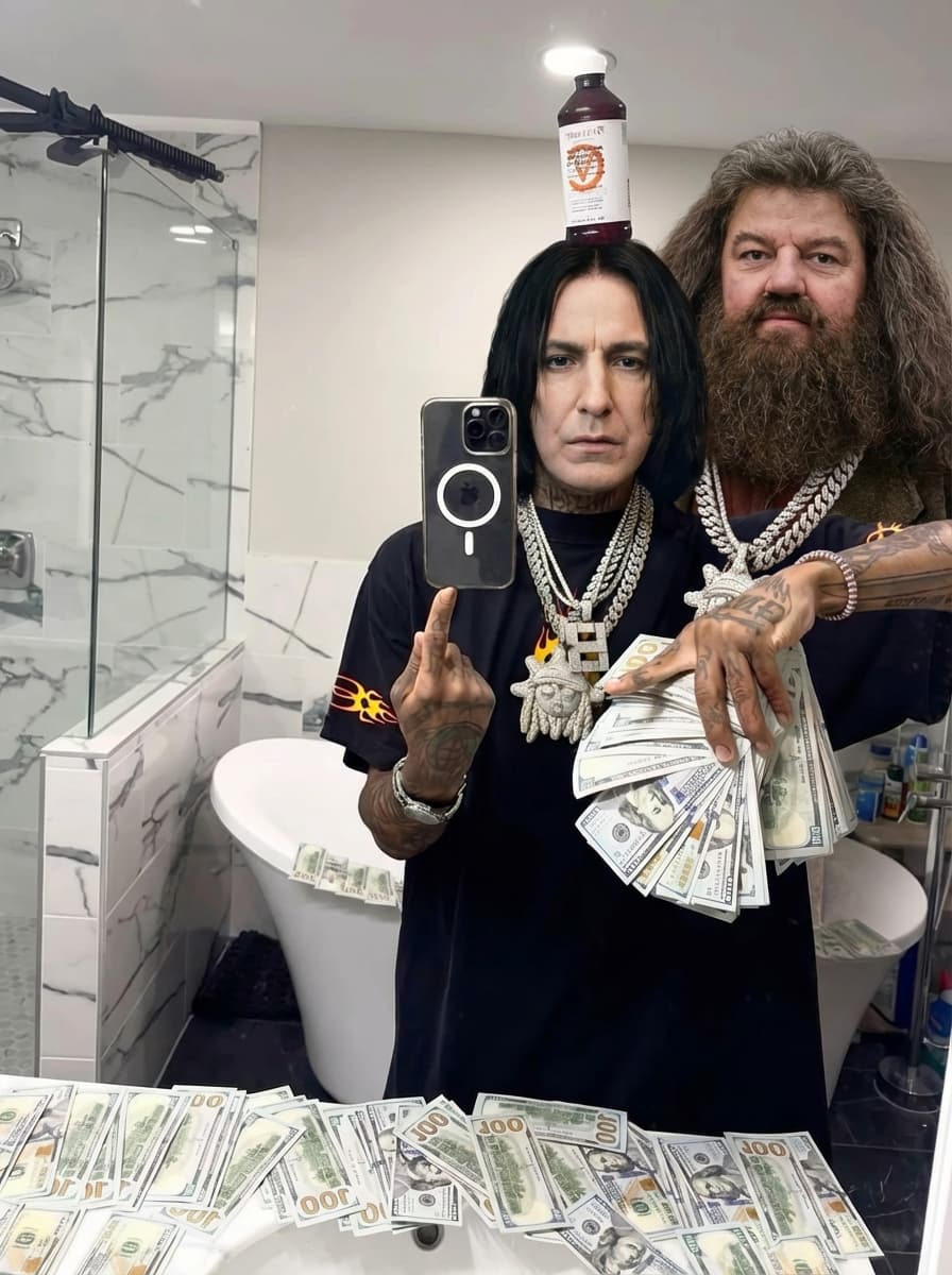  Use the provided image as the base reference. Maintain the exact same environment lighting, camera angle, pose, outfit structure, and composition from the original image. Replace the original subject with  Severus Snape and Rubeus Hagrid  from harry potter wearing outfits attached ENSURE THAT YOU DO NOT CHANGE OUTFITS 