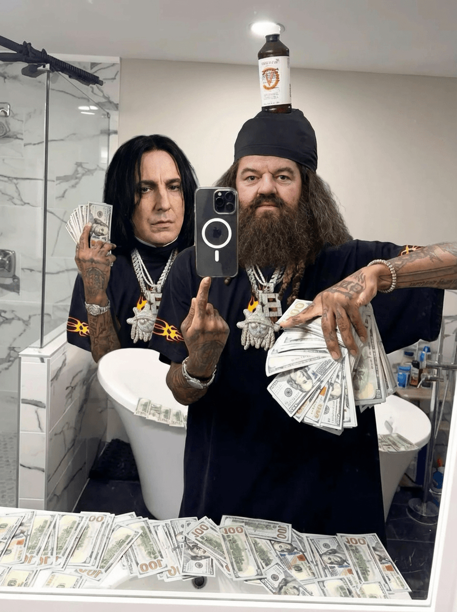  Use the provided image as the base reference. Maintain the exact same environment lighting, camera angle, pose, outfit structure, and composition from the original image. Replace the original subject with  Severus Snape and Rubeus Hagrid  from harry potter wearing outfits attached ENSURE THAT YOU DO NOT CHANGE OUTFITS 