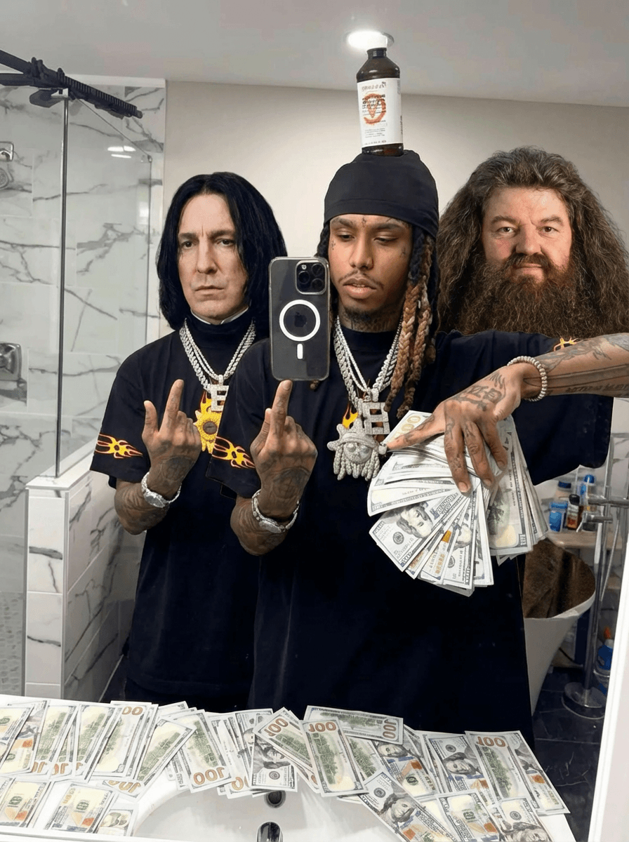 Replace the THE MAN with Severus Snape and Rubeus Hagrid from harry potter DO NOT CHANGE OUTFIT 