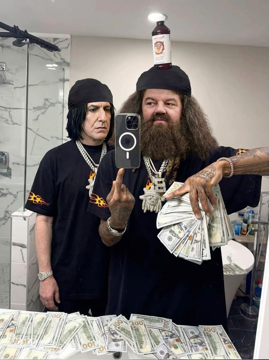 Replace the THE MAN with Severus Snape and Rubeus Hagrid from harry potter DO NOT CHANGE OUTFIT 