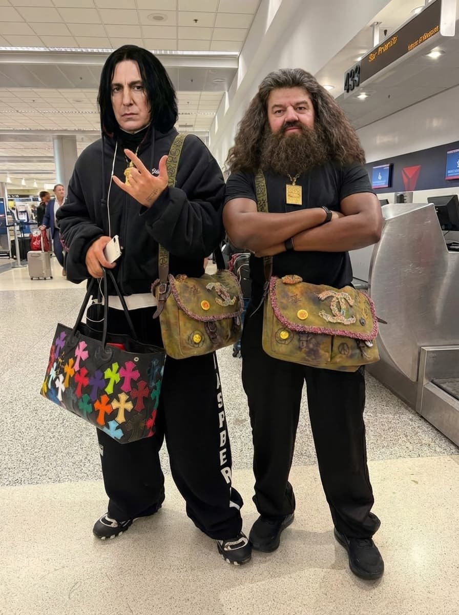 Replace the THE MEN IN PHOTO with Severus Snape and Rubeus Hagrid from harry potter DO NOT CHANGE OUTFIT 