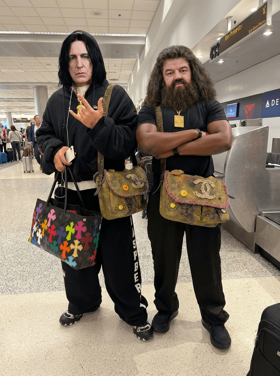 Replace the THE MEN IN PHOTO with Severus Snape and Rubeus Hagrid from harry potter DO NOT CHANGE OUTFIT 