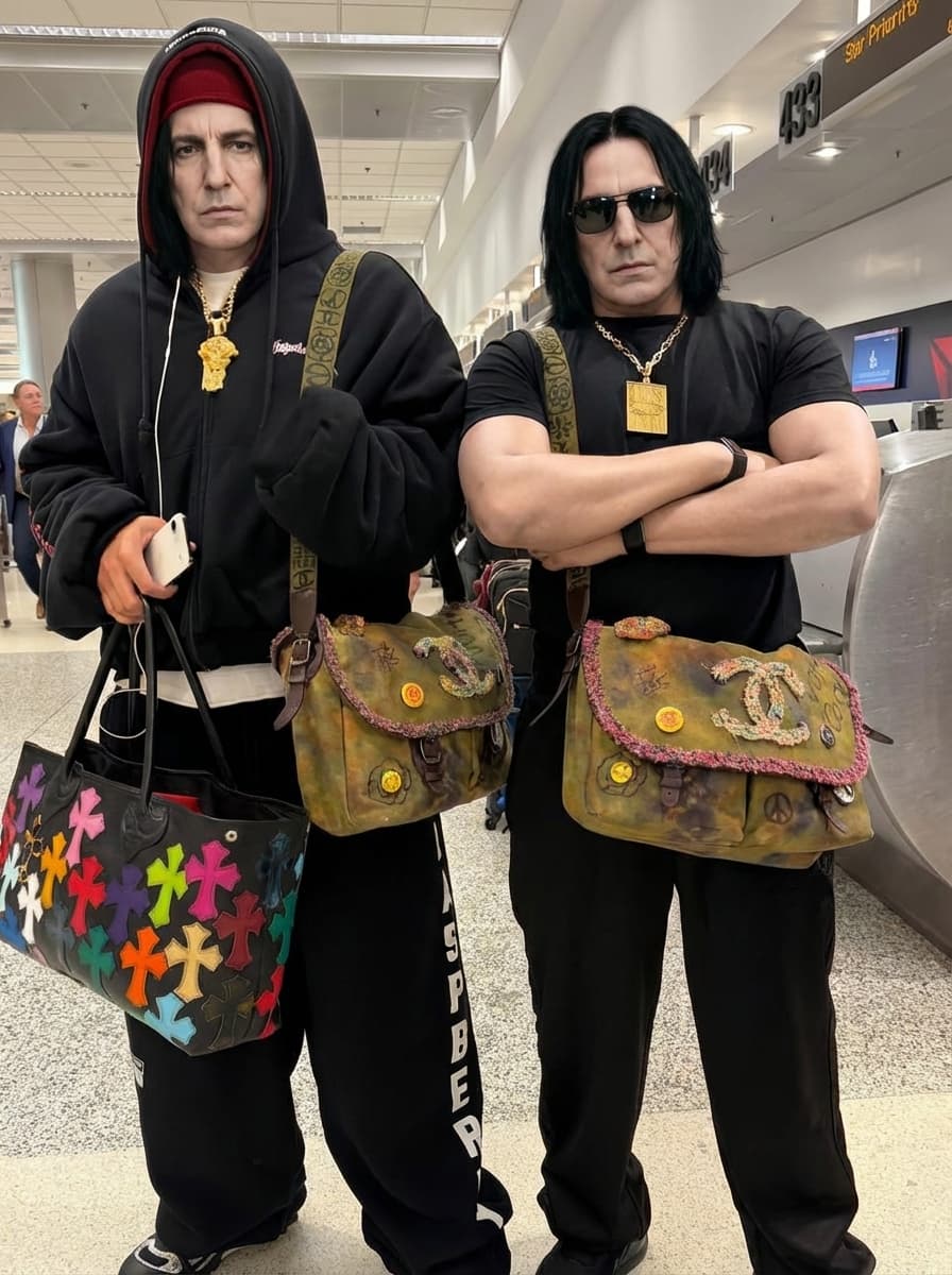 Use the provided image as the base reference.  Perform a high-precision character swap, replacing the original subject with Severus Snape (from Harry Potter) reimagined in a realistic human form.  STRICT RULES:  DO NOT change the outfit at all — keep the exact same clothing, accessories, textures, and fit (black leather jacket, green pants, boots, jewelry, sunglasses, beanie, bag). DO NOT change pose, body positioning, or hand placement. DO NOT change the environment — keep the Porsche car, lighting, background buildings, street, and composition identical. DO NOT change camera angle, depth of field, or framing.  Character Transformation Details:  Face must resemble Severus Snape: pale skin, long straight black hair (adapt naturally under the beanie), sharp facial structure, serious expression, slightly hooked nose. Maintain a stoic, emotionless, intimidating expression consistent with the character. Blend Snape’s facial features seamlessly into the body while preserving realism and lighting consistency.  Style Requirements:  Ultra-realistic photography (NOT cartoon, NOT CGI-looking) Natural skin texture, cinematic lighting Maintain original shadows and highlights Perfect facial integration (no distortion or mismatch)