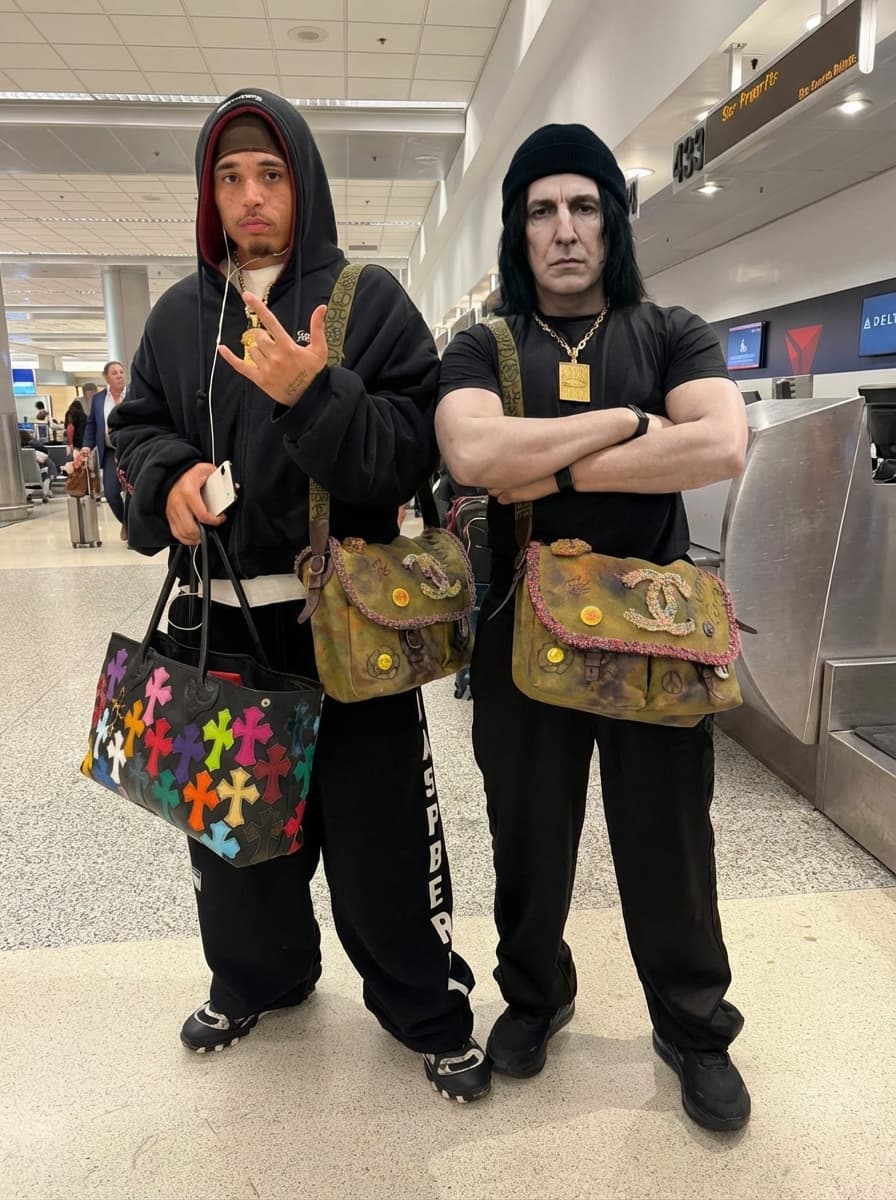 Use the provided image as the base reference.  Perform a high-precision character swap, replacing the original subject with Severus Snape (from Harry Potter) reimagined in a realistic human form.  STRICT RULES:  DO NOT change the outfit at all — keep the exact same clothing, accessories, textures, and fit (black leather jacket, green pants, boots, jewelry, sunglasses, beanie, bag). DO NOT change pose, body positioning, or hand placement. DO NOT change the environment — keep the Porsche car, lighting, background buildings, street, and composition identical. DO NOT change camera angle, depth of field, or framing.  Character Transformation Details:  Face must resemble Severus Snape: pale skin, long straight black hair (adapt naturally under the beanie), sharp facial structure, serious expression, slightly hooked nose. Maintain a stoic, emotionless, intimidating expression consistent with the character. Blend Snape’s facial features seamlessly into the body while preserving realism and lighting consistency.  Style Requirements:  Ultra-realistic photography (NOT cartoon, NOT CGI-looking) Natural skin texture, cinematic lighting Maintain original shadows and highlights Perfect facial integration (no distortion or mismatch)
