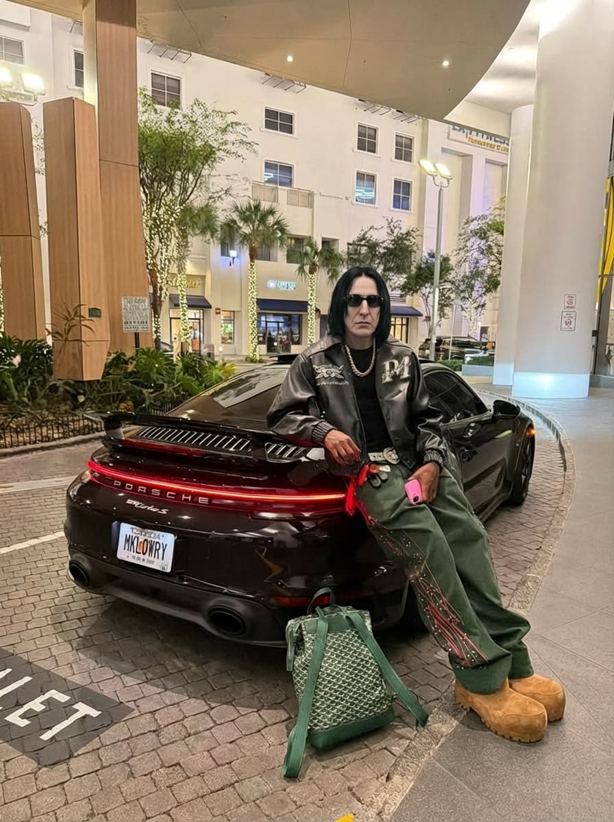 Use the provided image as the base reference.  Perform a high-precision character swap, replacing the original subject with Severus Snape (from Harry Potter) reimagined in a realistic human form.  STRICT RULES:  DO NOT change the outfit at all — keep the exact same clothing, accessories, textures, and fit (black leather jacket, green pants, boots, jewelry, sunglasses, beanie, bag). DO NOT change pose, body positioning, or hand placement. DO NOT change the environment — keep the Porsche car, lighting, background buildings, street, and composition identical. DO NOT change camera angle, depth of field, or framing.  Character Transformation Details:  Face must resemble Severus Snape: pale skin, long straight black hair (adapt naturally under the beanie), sharp facial structure, serious expression, slightly hooked nose. Maintain a stoic, emotionless, intimidating expression consistent with the character. Blend Snape’s facial features seamlessly into the body while preserving realism and lighting consistency.  Style Requirements:  Ultra-realistic photography (NOT cartoon, NOT CGI-looking) Natural skin texture, cinematic lighting Maintain original shadows and highlights Perfect facial integration (no distortion or mismatch)