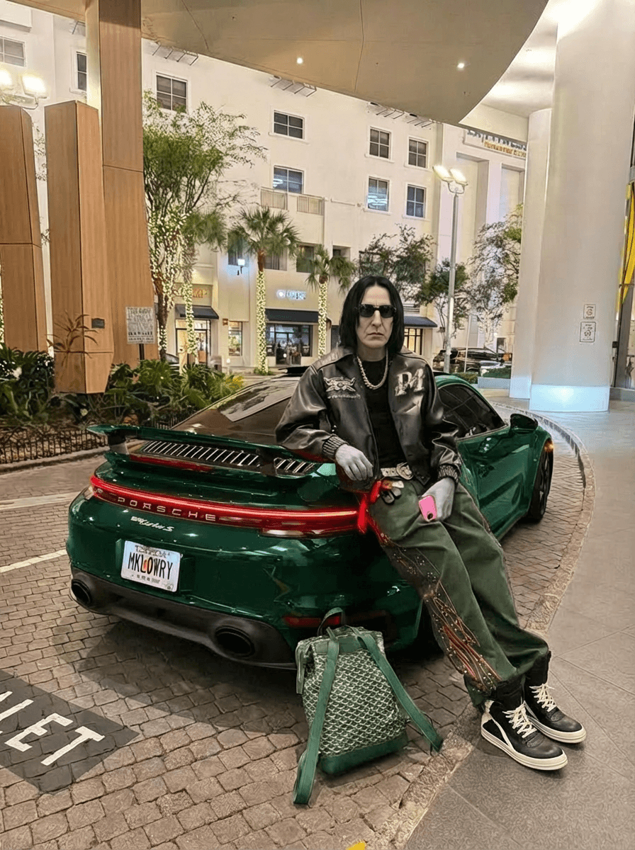 MAKE HIS HANDS THE SAME SKIN COLOR AS HIS FACE , CHANGE CAR COLOR TO GREEN , SNEAKERS ARE BLACK AN WHITE RICK OWENS