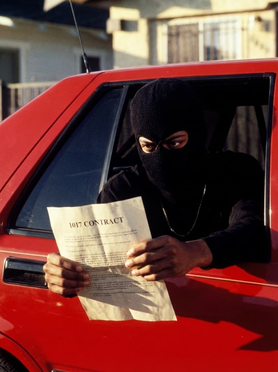 Use the provided image as the base reference. Perform a high-detail character transformation while preserving the original composition.  STRICT RULES: Keep the same camera angle, framing, lighting, and cinematic tone Maintain the same pose and position inside the car window Keep the red car, background, and environment identical Preserve clothing structure (black shirt, red cap) unless naturally adjusted for realism Maintain gritty, street-style cinematic realism  Character Change: Replace the subject with A (Pooh Shiesty-style aesthetic) Add a black ski mask (Shiesty mask) covering most of the face Eyes visible with an intense, focused expression Add subtle jewelry (chain) for realism  Action Change: REMOVE the weapon completely Replace it with the character holding a document/paper in both hands  Document Details: The paper should clearly read: “1017 CONTRACT” Make it look realistic (slightly wrinkled paper, natural grip, proper lighting/shadows) Position it where the weapon originally was for natural composition  Style & Quality: Ultra-realistic, cinematic film still 35mm film look, warm tones, high contrast Natural shadows and highlights Slight film grain for authenticity No cartoon or AI distortion