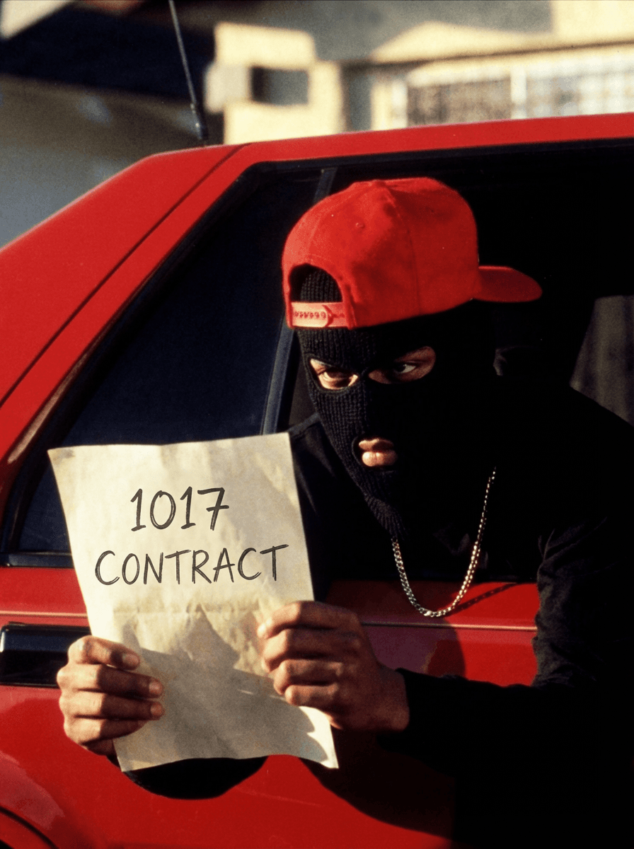 Use the provided image as the base reference. Perform a high-detail character transformation while preserving the original composition.  STRICT RULES: Keep the same camera angle, framing, lighting, and cinematic tone Maintain the same pose and position inside the car window Keep the red car, background, and environment identical Preserve clothing structure (black shirt, red cap) unless naturally adjusted for realism Maintain gritty, street-style cinematic realism  Character Change: Replace the subject with A (Pooh Shiesty-style aesthetic) Add a black ski mask (Shiesty mask) covering most of the face Eyes visible with an intense, focused expression Add subtle jewelry (chain) for realism  Action Change: REMOVE the weapon completely Replace it with the character holding a document/paper in both hands  Document Details: The paper should clearly read: “1017 CONTRACT” Make it look realistic (slightly wrinkled paper, natural grip, proper lighting/shadows) Position it where the weapon originally was for natural composition  Style & Quality: Ultra-realistic, cinematic film still 35mm film look, warm tones, high contrast Natural shadows and highlights Slight film grain for authenticity No cartoon or AI distortion