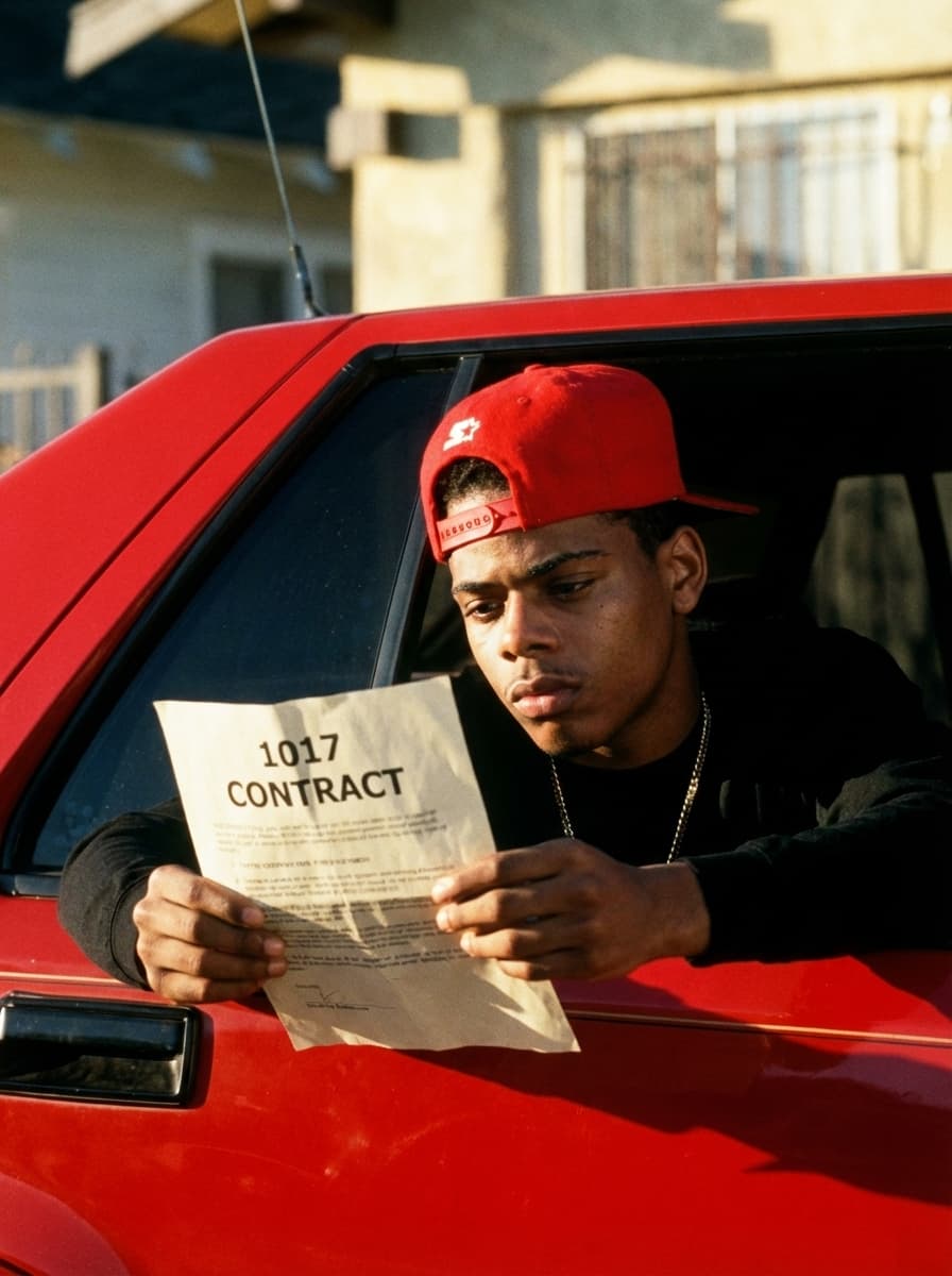 Use the provided image as the base reference. Perform a high-detail character transformation while preserving the original composition.  STRICT RULES: Keep the same camera angle, framing, lighting, and cinematic tone Maintain the same pose and position inside the car window Keep the red car, background, and environment identical Preserve clothing structure (black shirt, red cap) unless naturally adjusted for realism Maintain gritty, street-style cinematic realism  Character Change: Replace the subject with RAPPER Pooh Shiesty  Add subtle jewelry (chain) for realism  Action Change: REMOVE the weapon completely Replace it with the character holding a document/paper in both hands  Document Details: The paper should clearly read: “1017 CONTRACT” Make it look realistic (slightly wrinkled paper, natural grip, proper lighting/shadows) Position it where the weapon originally was for natural composition  Style & Quality: Ultra-realistic, cinematic film still 35mm film look, warm tones, high contrast Natural shadows and highlights Slight film grain for authenticity No cartoon or AI distortion
