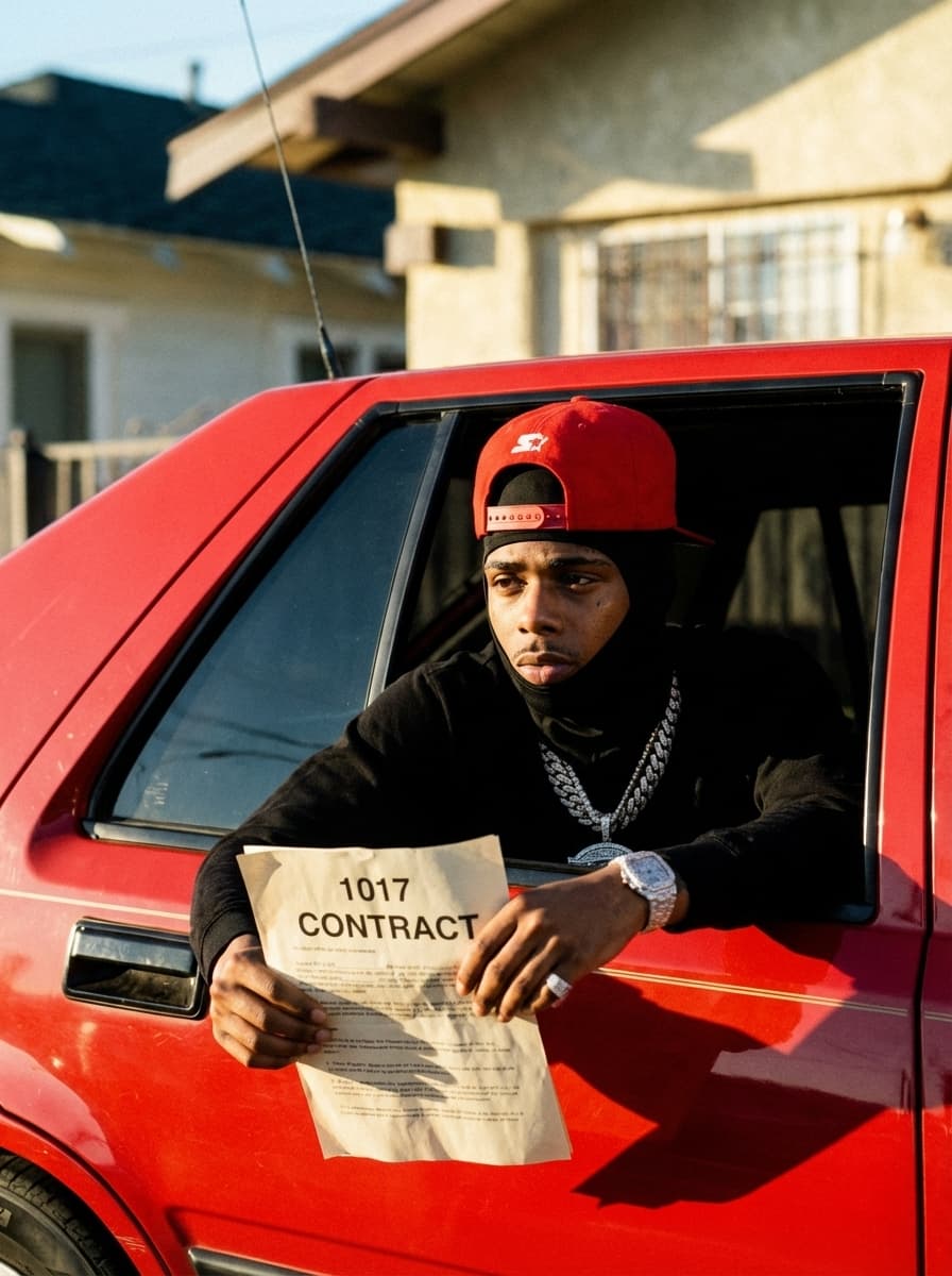 Use the provided image as the base reference. Perform a high-detail character transformation while preserving the original composition.  STRICT RULES: Keep the same camera angle, framing, lighting, and cinematic tone Maintain the same pose and position inside the car window Keep the red car, background, and environment identical Preserve clothing structure (black shirt, red cap) unless naturally adjusted for realism Maintain gritty, street-style cinematic realism  Character Change: Replace the subject with RAPPER Pooh Shiesty  Add subtle jewelry (chain) for realism  Action Change: REMOVE the weapon completely Replace it with the character holding a document/paper in both hands  Document Details: The paper should clearly read: “1017 CONTRACT” Make it look realistic (slightly wrinkled paper, natural grip, proper lighting/shadows) Position it where the weapon originally was for natural composition  Style & Quality: Ultra-realistic, cinematic film still 35mm film look, warm tones, high contrast Natural shadows and highlights Slight film grain for authenticity No cartoon or AI distortion