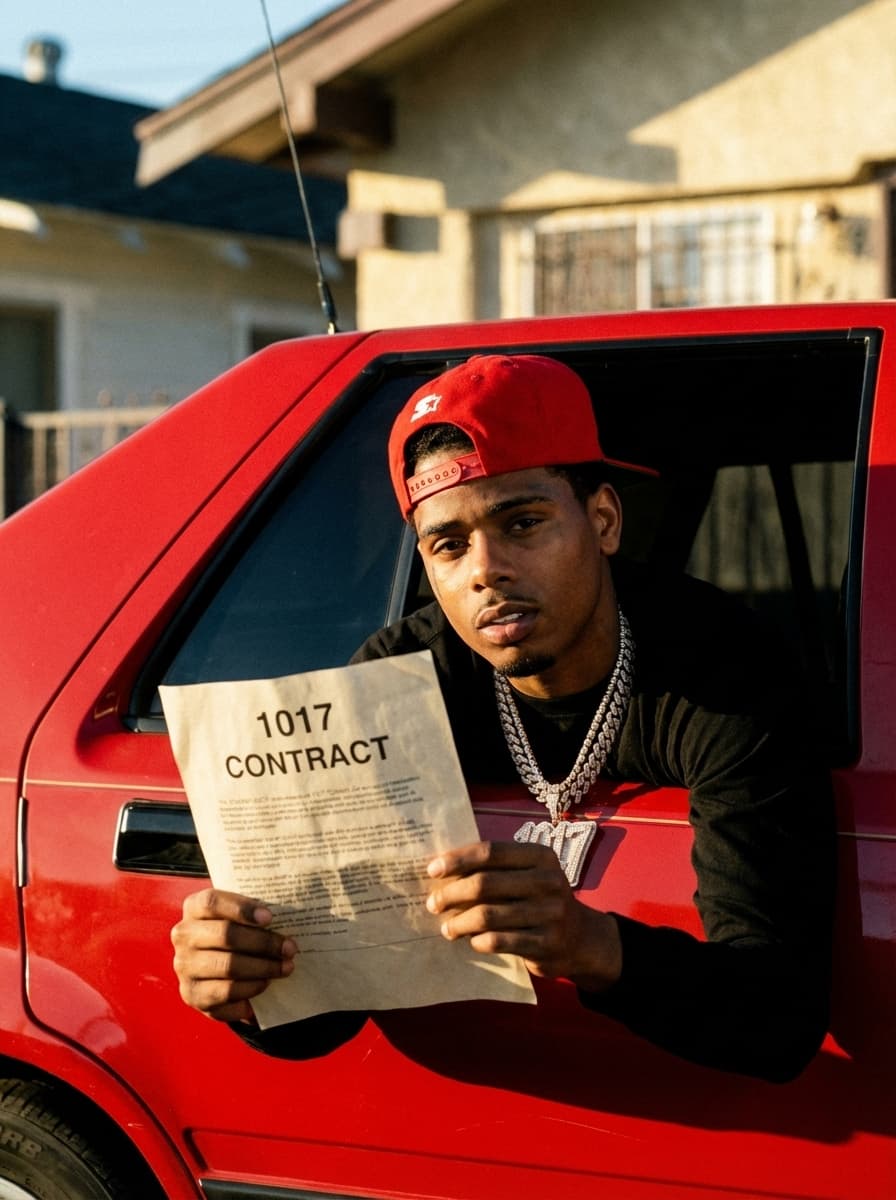 Use the provided image as the base reference. Perform a high-detail character transformation while preserving the original composition.  STRICT RULES: Keep the same camera angle, framing, lighting, and cinematic tone Maintain the same pose and position inside the car window Keep the red car, background, and environment identical Preserve clothing structure (black shirt, red cap) unless naturally adjusted for realism Maintain gritty, street-style cinematic realism  Character Change: Replace the subject with RAPPER Pooh Shiesty  Add subtle jewelry (chain) for realism  Action Change: REMOVE the weapon completely Replace it with the character holding a document/paper in both hands  Document Details: The paper should clearly read: “1017 CONTRACT” Make it look realistic (slightly wrinkled paper, natural grip, proper lighting/shadows) Position it where the weapon originally was for natural composition  Style & Quality: Ultra-realistic, cinematic film still 35mm film look, warm tones, high contrast Natural shadows and highlights Slight film grain for authenticity No cartoon or AI distortion