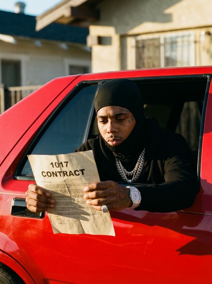Use Image 1 (car scene) as the base environment and composition. Use Image 2 (masked rapper) as the character reference.  CORE INSTRUCTIONS: Replace the original subject in Image 1 with the person from Image 2 Maintain the exact same pose, angle, framing, and body positioning from Image 1 (leaning out the car window) Keep the red car, background, lighting, and cinematic tone identical CHARACTER DETAILS: Apply the exact facial features, skin tone, tattoos, and identity from Image 2 Keep the black ski mask (Shiesty mask) exactly as shown in Image 2 Preserve jewelry (chains, watch) for realism Maintain a serious, focused expression ACTION CHANGE: REMOVE the shotgun completely Replace it with a document held in both hands, matching the same angle and grip position DOCUMENT SPEC: Paper should clearly read: “1017 CONTRACT” Realistic paper texture (slight folds, natural lighting, shadows) Positioned exactly where the weapon was for natural realism STYLE & QUALITY: Ultra-realistic cinematic photography 35mm film still look Warm tones, high contrast Slight film grain Natural shadows + highlights matching original lighting No AI distortion, no cartoon look