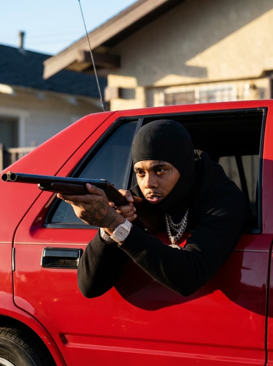 Use Image 1 (car scene) as the base environment and composition. Use Image 2 (masked rapper) as the character reference.  CORE INSTRUCTIONS: Replace the original subject in Image 1 with the person from Image 2 Maintain the exact same pose, angle, framing, and body positioning from Image 1 (leaning out the car window) Keep the red car, background, lighting, and cinematic tone identical CHARACTER DETAILS: Apply the exact facial features, skin tone, tattoos, and identity from Image 2 Keep the black ski mask (Shiesty mask) exactly as shown in Image 2 