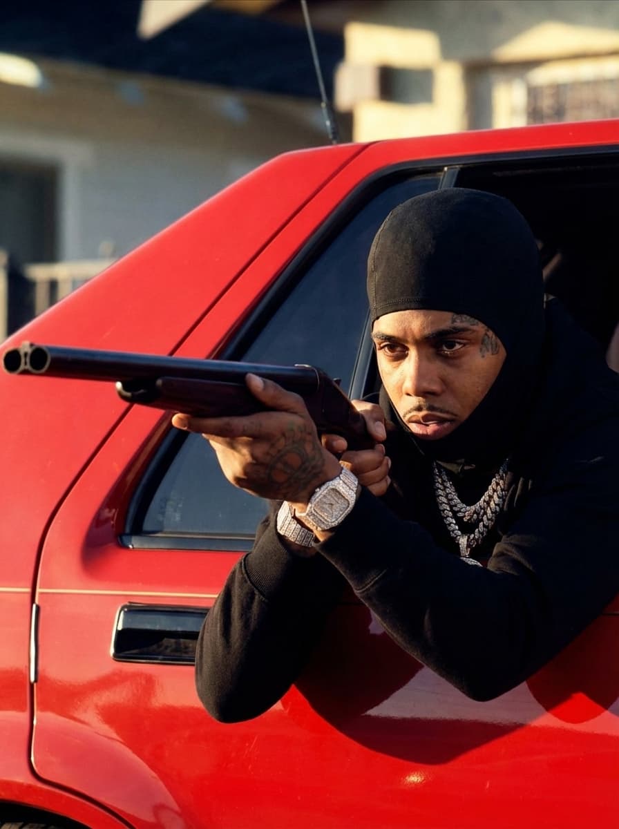 Use Image 1 (car scene) as the base environment and composition. Use Image 2 (masked rapper) as the character reference.  CORE INSTRUCTIONS: Replace the original subject in Image 1 with the person from Image 2 Maintain the exact same pose, angle, framing, and body positioning from Image 1 (leaning out the car window) Keep the red car, background, lighting, and cinematic tone identical CHARACTER DETAILS: Apply the exact facial features, skin tone, tattoos, and identity from Image 2 Keep the black ski mask (Shiesty mask) exactly as shown in Image 2 
