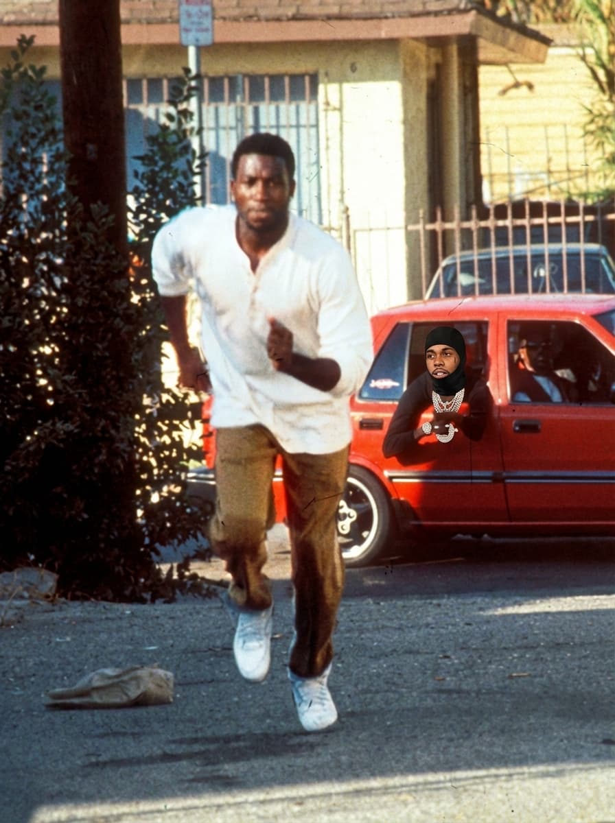 Use Image 1 as the base scene and composition.
Use Image 2 as the reference for the man inside the red car.

🎯 CORE INSTRUCTIONS:

Perform a high-precision dual character replacement while preserving the original cinematic scene.

🏃‍♂️ SUBJECT 1 (RUNNING MAN):
Replace the running man with a realistic version of Gucci Mane (rapper)
Maintain:
Same running pose, stride, and motion blur
Same outfit (white shirt, pants, shoes)
Same body positioning and perspective
Apply:
Gucci Mane facial features, skin tone, beard, and build
Natural expression (focused, mid-run intensity)
🚗 SUBJECT 2 (MAN IN CAR):
Replace the man in the red hat inside the car with the person from Image 2
Maintain:
Same exact pose (leaning out window)
Same camera angle and framing
Same position inside the car
CHARACTER DETAILS (CAR SUBJECT):
Apply:
Black ski mask (Shiesty mask) from Image 2
Same facial structure, skin tone, and tattoos
Jewelry (chains, watch) for realism
Expression: serious, focused
⚠️ IMPORTANT RULES:
DO NOT change environment, lighting, or background
DO NOT change the red car or street setting
Maintain original 90s cinematic film aesthetic
Keep natural shadows, highlights, and color grading consistent
Ensure both characters blend seamlessly with correct depth and perspective
🎬 STYLE:
Gritty 90s film still
Slight film grain
Warm tones, high contrast
Realistic motion blur on running subject
No AI distortion or cartoon effects