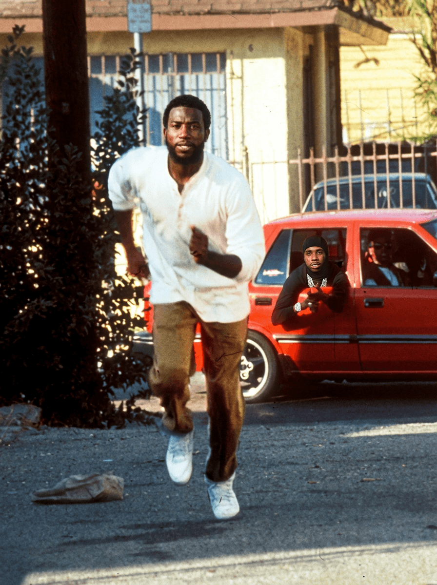 Use Image 1 as the base scene and composition.
Use Image 2 as the reference for the man inside the red car.

🎯 CORE INSTRUCTIONS:

Perform a high-precision dual character replacement while preserving the original cinematic scene.

🏃‍♂️ SUBJECT 1 (RUNNING MAN):
Replace the running man with a realistic version of Gucci Mane (rapper)
Maintain:
Same running pose, stride, and motion blur
Same outfit (white shirt, pants, shoes)
Same body positioning and perspective
Apply:
Gucci Mane facial features, skin tone, beard, and build
Natural expression (focused, mid-run intensity)
🚗 SUBJECT 2 (MAN IN CAR):
Replace the man in the red hat inside the car with the person from Image 2
Maintain:
Same exact pose (leaning out window)
Same camera angle and framing
Same position inside the car
CHARACTER DETAILS (CAR SUBJECT):
Apply:
Black ski mask (Shiesty mask) from Image 2
Same facial structure, skin tone, and tattoos
Jewelry (chains, watch) for realism
Expression: serious, focused
⚠️ IMPORTANT RULES:
DO NOT change environment, lighting, or background
DO NOT change the red car or street setting
Maintain original 90s cinematic film aesthetic
Keep natural shadows, highlights, and color grading consistent
Ensure both characters blend seamlessly with correct depth and perspective
🎬 STYLE:
Gritty 90s film still
Slight film grain
Warm tones, high contrast
Realistic motion blur on running subject
No AI distortion or cartoon effects