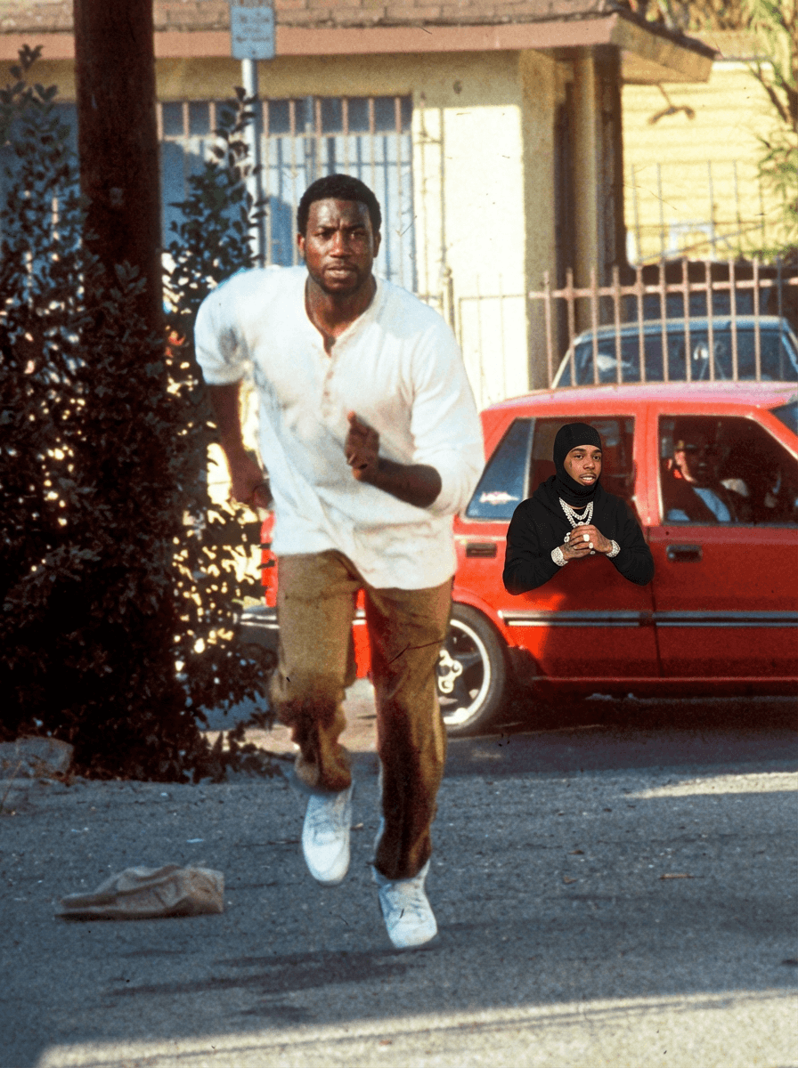 Use Image 1 as the base scene and composition.
Use Image 2 as the reference for the man inside the red car.

🎯 CORE INSTRUCTIONS:

Perform a high-precision dual character replacement while preserving the original cinematic scene.

🏃‍♂️ SUBJECT 1 (RUNNING MAN):
Replace the running man with a realistic version of Gucci Mane (rapper)
Maintain:
Same running pose, stride, and motion blur
Same outfit (white shirt, pants, shoes)
Same body positioning and perspective
Apply:
Gucci Mane facial features, skin tone, beard, and build
Natural expression (focused, mid-run intensity)
🚗 SUBJECT 2 (MAN IN CAR):
Replace the man in the red hat inside the car with the person from Image 2
Maintain:
Same exact pose (leaning out window)
Same camera angle and framing
Same position inside the car
CHARACTER DETAILS (CAR SUBJECT):
Apply:

Same facial structure, skin tone, and tattoos
Jewelry (chains, watch) for realism
Expression: serious, focused
⚠️ IMPORTANT RULES:
DO NOT change environment, lighting, or background
DO NOT change the red car or street setting
Maintain original 90s cinematic film aesthetic
Keep natural shadows, highlights, and color grading consistent
Ensure both characters blend seamlessly with correct depth and perspective
🎬 STYLE:
Gritty 90s film still
Slight film grain
Warm tones, high contrast
Realistic motion blur on running subject
No AI distortion or cartoon effects
