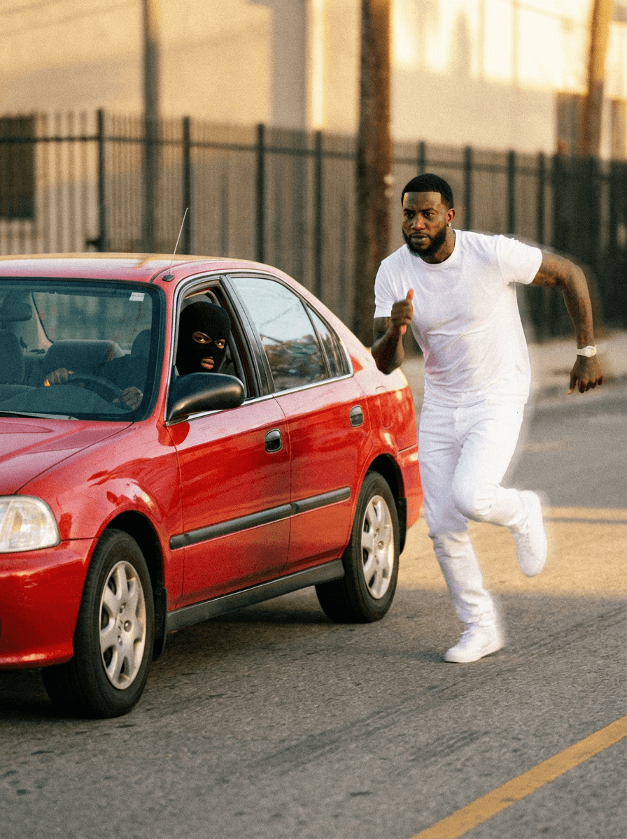 Use the provided image as the base reference.

🎯 CORE INSTRUCTIONS:

Perform a high-precision character transformation while preserving the full cinematic scene.

🏃‍♂️ SUBJECT 1 (RUNNING MAN):
Replace the running man with a realistic version of Gucci Mane (rapper)
Maintain:
Same running pose, stride, and motion blur
Same outfit (white shirt, pants, shoes)
Same body proportions and perspective
Apply:
Gucci Mane facial features, beard, skin tone, and build
Focused, intense expression mid-run
🚗 SUBJECT 2 (MAN IN RED CAR):
Keep the same person’s body and pose inside the car
Add a black Shiesty ski mask covering the face
Only eyes visible through the mask
Expression: intense, focused
⚠️ STRICT RULES:
DO NOT change:
Environment, street, or background
Red car details
Camera angle, framing, or composition
Preserve:
Original 90s cinematic look
Natural lighting and shadows
Realistic depth and perspective
🎬 STYLE:
Gritty 90s film still
Slight film grain
Warm tones, high contrast
Natural motion blur on running subject
No cartoon or AI distortion