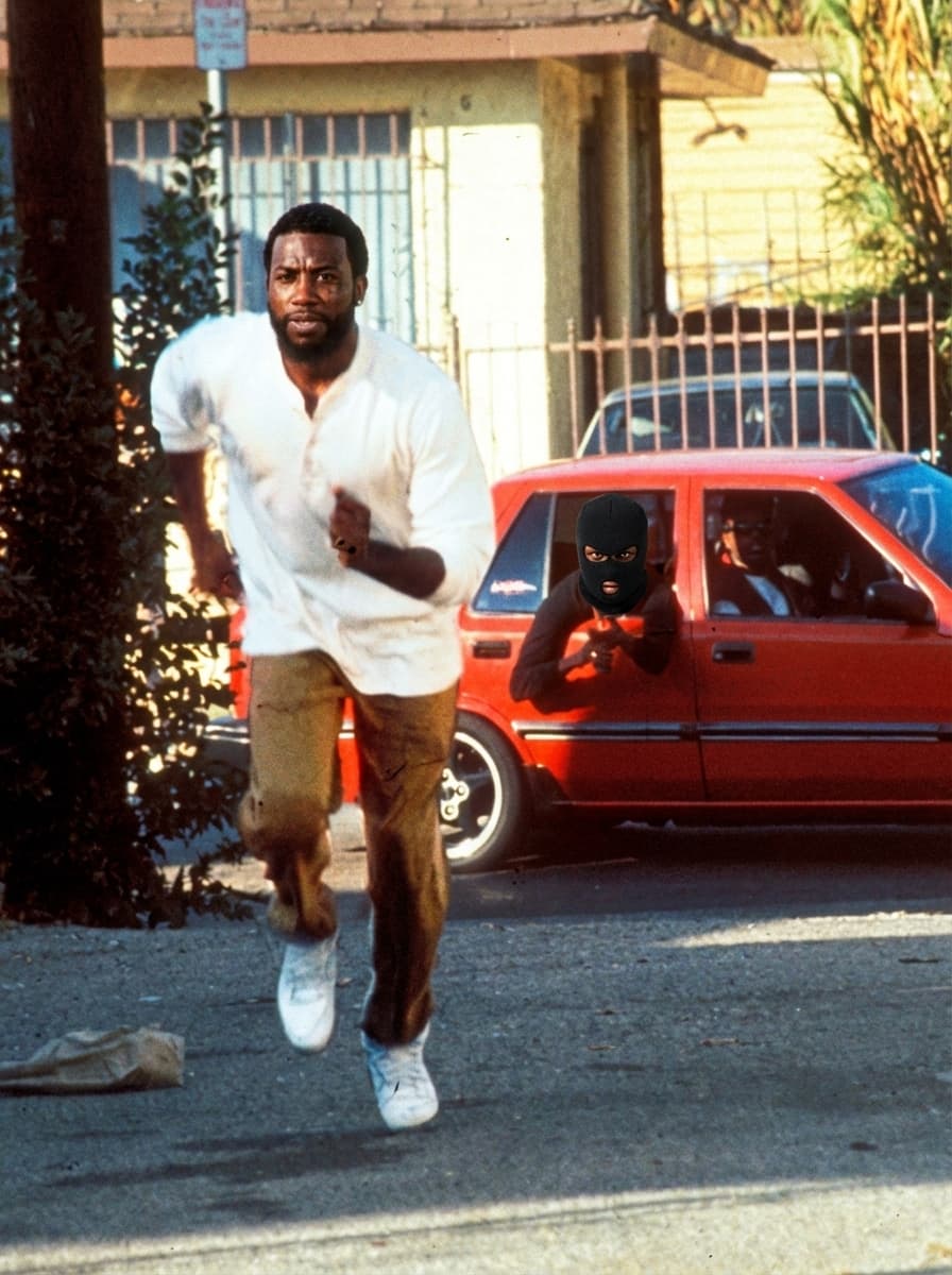 Use the provided image as the base reference.

🎯 CORE INSTRUCTIONS:

Perform a high-precision character transformation while preserving the full cinematic scene.

🏃‍♂️ SUBJECT 1 (RUNNING MAN):
Replace the running man with a realistic version of Gucci Mane (rapper)
Maintain:
Same running pose, stride, and motion blur
Same outfit (white shirt, pants, shoes)
Same body proportions and perspective
Apply:
Gucci Mane facial features, beard, skin tone, and build
Focused, intense expression mid-run
🚗 SUBJECT 2 (MAN IN RED CAR):
Keep the same person’s body and pose inside the car
Add a black Shiesty ski mask covering the face
Only eyes visible through the mask
Expression: intense, focused
⚠️ STRICT RULES:
DO NOT change:
Environment, street, or background
Red car details
Camera angle, framing, or composition
Preserve:
Original 90s cinematic look
Natural lighting and shadows
Realistic depth and perspective
🎬 STYLE:
Gritty 90s film still
Slight film grain
Warm tones, high contrast
Natural motion blur on running subject
No cartoon or AI distortion