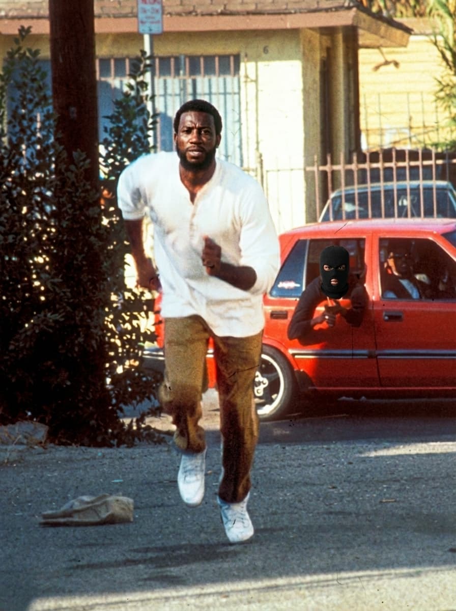 Use the provided image as the base reference.

🎯 CORE INSTRUCTIONS:

Perform a high-precision character transformation while preserving the full cinematic scene.

🏃‍♂️ SUBJECT 1 (RUNNING MAN):
Replace the running man with a realistic version of Gucci Mane (rapper)
Maintain:
Same running pose, stride, and motion blur
Same outfit (white shirt, pants, shoes)
Same body proportions and perspective
Apply:
Gucci Mane facial features, beard, skin tone, and build
Focused, intense expression mid-run
🚗 SUBJECT 2 (MAN IN RED CAR):
Keep the same person’s body and pose inside the car
Add a black Shiesty ski mask covering the face
Only eyes visible through the mask
Expression: intense, focused
⚠️ STRICT RULES:
DO NOT change:
Environment, street, or background
Red car details
Camera angle, framing, or composition
Preserve:
Original 90s cinematic look
Natural lighting and shadows
Realistic depth and perspective
🎬 STYLE:
Gritty 90s film still
Slight film grain
Warm tones, high contrast
Natural motion blur on running subject
No cartoon or AI distortion