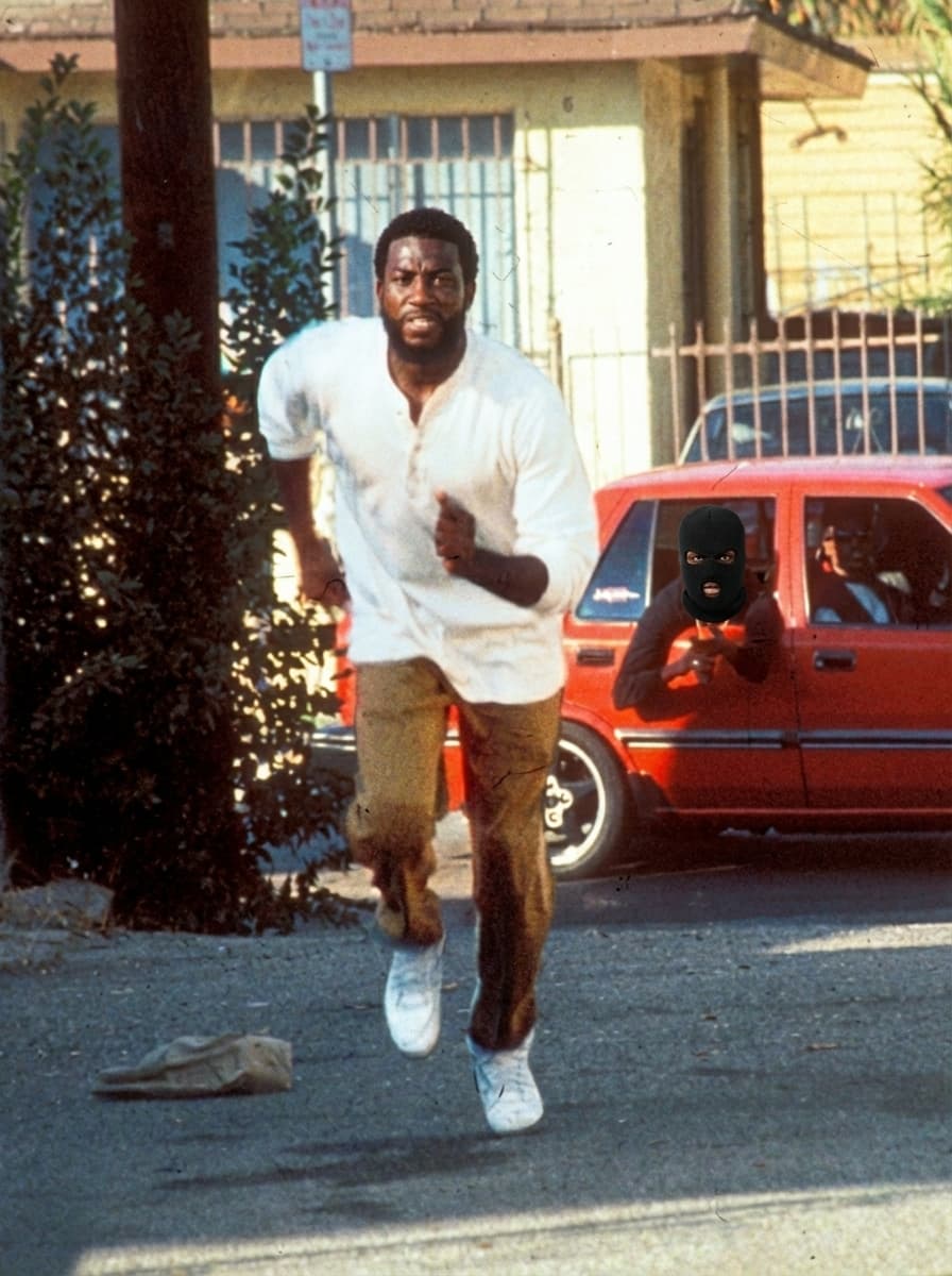 Use the provided image as the base reference.

🎯 CORE INSTRUCTIONS:

Perform a high-precision character transformation while preserving the full cinematic scene.

🏃‍♂️ SUBJECT 1 (RUNNING MAN):
Replace the running man with a realistic version of Gucci Mane (rapper)
Maintain:
Same running pose, stride, and motion blur
Same outfit (white shirt, pants, shoes)
Same body proportions and perspective
Apply:
Gucci Mane facial features, beard, skin tone, and build
Focused, intense expression mid-run
🚗 SUBJECT 2 (MAN IN RED CAR):
Keep the same person’s body and pose inside the car
Add a black Shiesty ski mask covering the face
Only eyes visible through the mask
Expression: intense, focused
⚠️ STRICT RULES:
DO NOT change:
Environment, street, or background
Red car details
Camera angle, framing, or composition
Preserve:
Original 90s cinematic look
Natural lighting and shadows
Realistic depth and perspective
🎬 STYLE:
Gritty 90s film still
Slight film grain
Warm tones, high contrast
Natural motion blur on running subject
No cartoon or AI distortion