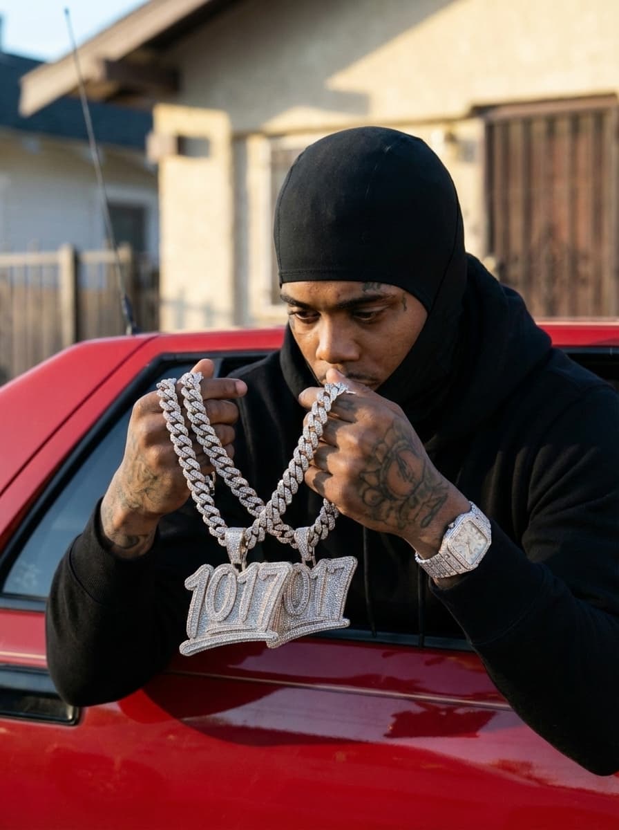 replace the shotgun in his hands with 2 diamond iced out " 1017 " chain 