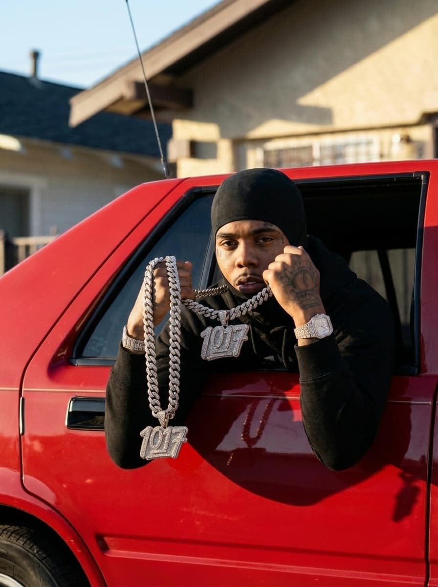 replace the shotgun in his hands with 2 diamond iced out " 1017 " chain 