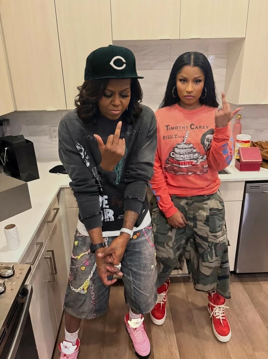 Use the provided reference image as the base scene and composition anchor.

Replace the original subject with  michelle obama and nicky mianj  wearing outfit in image sticking up middle finger , Reality Integration Settings
Match lighting direction, brightness, and color temperature of the original image environment
Match camera lens and depth of field from the source photo
Apply natural skin tone color grading that matches the scene lighting
Match film grain / digital noise level of the original image
Apply natural shadow casting under feet, body, and objects
Blend subject edges with environmental light spill and reflections
Match motion blur if present in the original image
Apply accurate perspective scaling so the subject size fits the scene depth
Add ambient occlusion and soft contact shadows around body and objects
Ensure fabric folds, wrinkles, and clothing lighting react naturally to the environment
Camera Consistency
Maintain original camera angle and focal length
Match lens distortion and depth compression
Preserve foreground and background blur levels
Texture Realism
Preserve skin pores, natural imperfections, and micro-details
Avoid smooth or plastic looking skin
Maintain natural hair strand detail and flyaways
Environmental Interaction
Subject must interact with scene lighting realistically
Reflections appear correctly on glass, cars, or floors
Shadows align with existing light sources
No visible cut-out edges or compositing artifacts
Final Rule
The final image must appear as if the character was originally photographed in the scene, not composited or edited.