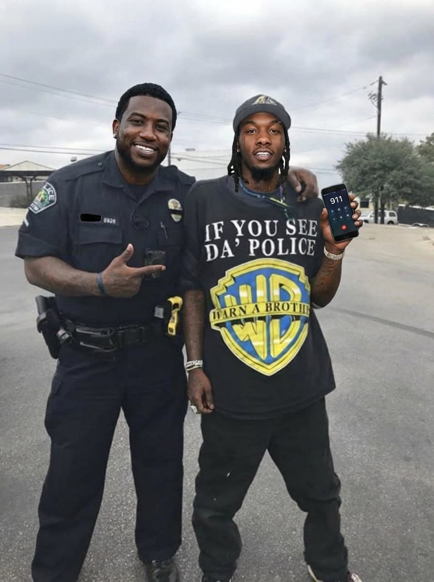 Use the provided image as the base reference. Maintain the exact same environment lighting, camera angle, pose, outfit structure, and composition from the original image. Replace the original subject with OFFSET THE RAPPER AN GUCCI MAN WITH A BLACK FAT COP  wearing outfits attached HOLDING A PHONE WITH 911 ON IT