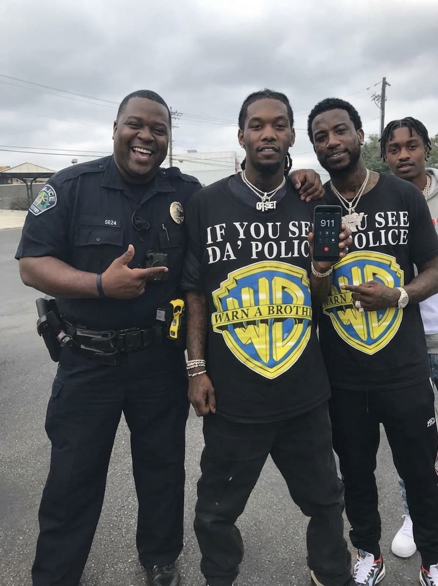 Use the provided image as the base reference. Maintain the exact same environment lighting, camera angle, pose, outfit structure, and composition from the original image. Replace the original subject with OFFSET THE RAPPER AN GUCCI MAN WITH A BLACK FAT COP  wearing outfits attached HOLDING A PHONE WITH 911 ON IT WITH LIL TJ NEXT TO HIM