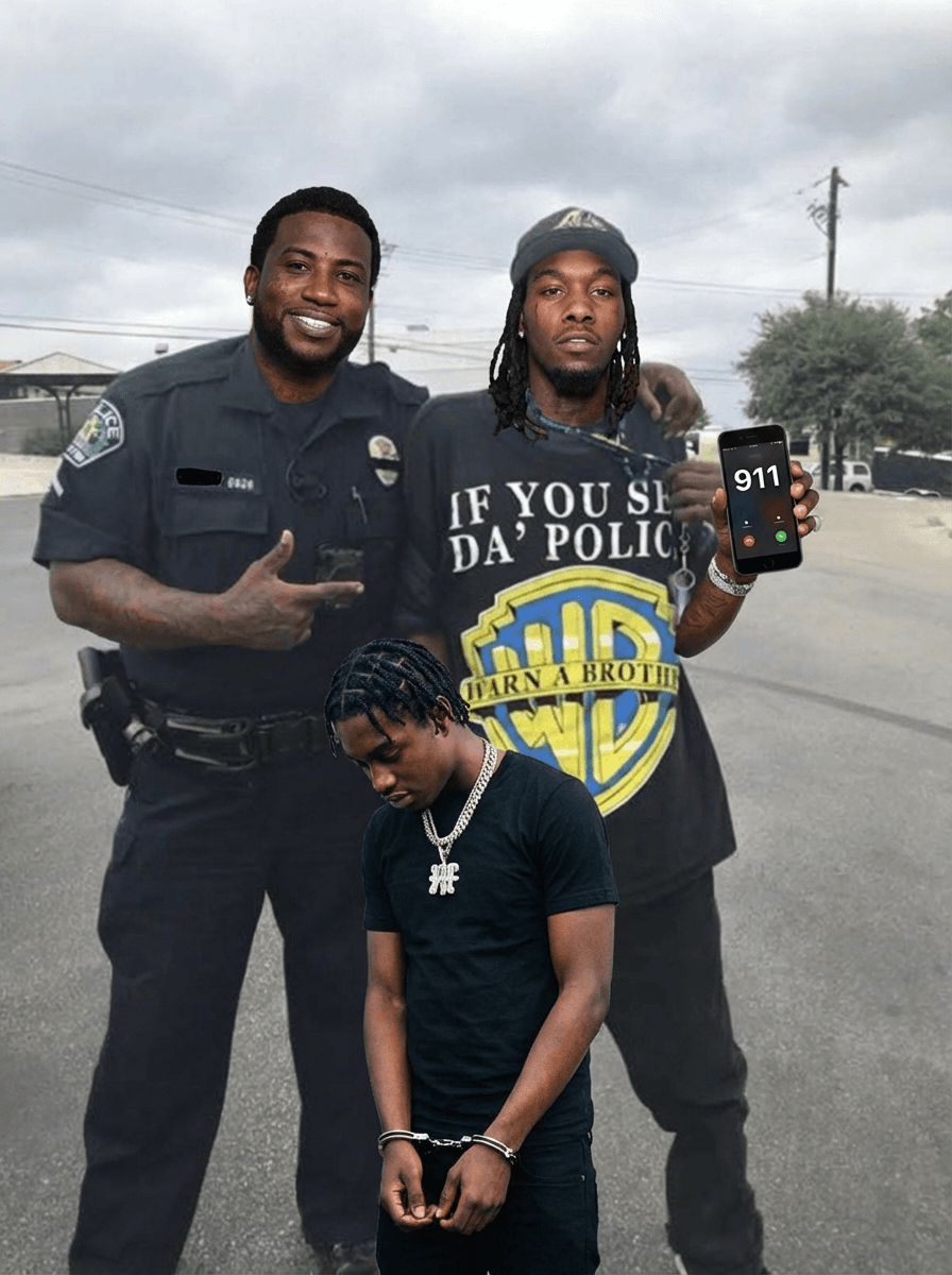 Use the provided image as the base reference. Maintain the exact same environment lighting, camera angle, pose, outfit structure, and composition from the original image. Replace the original subject with OFFSET THE RAPPER AN GUCCI MAN WITH A BLACK FAT COP wearing outfits attached HOLDING A PHONE WITH 911 ON IT WITH LIL TJ IN FRONT TO HIM IN HANDCUFFS

