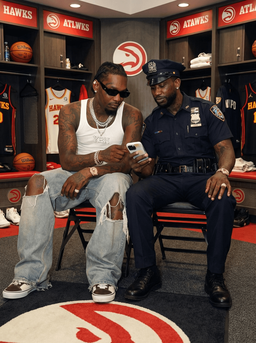 replace man on the right with gucci man wearing a nypd cop uniform , inside a Atlanta hawks basketball locker room
