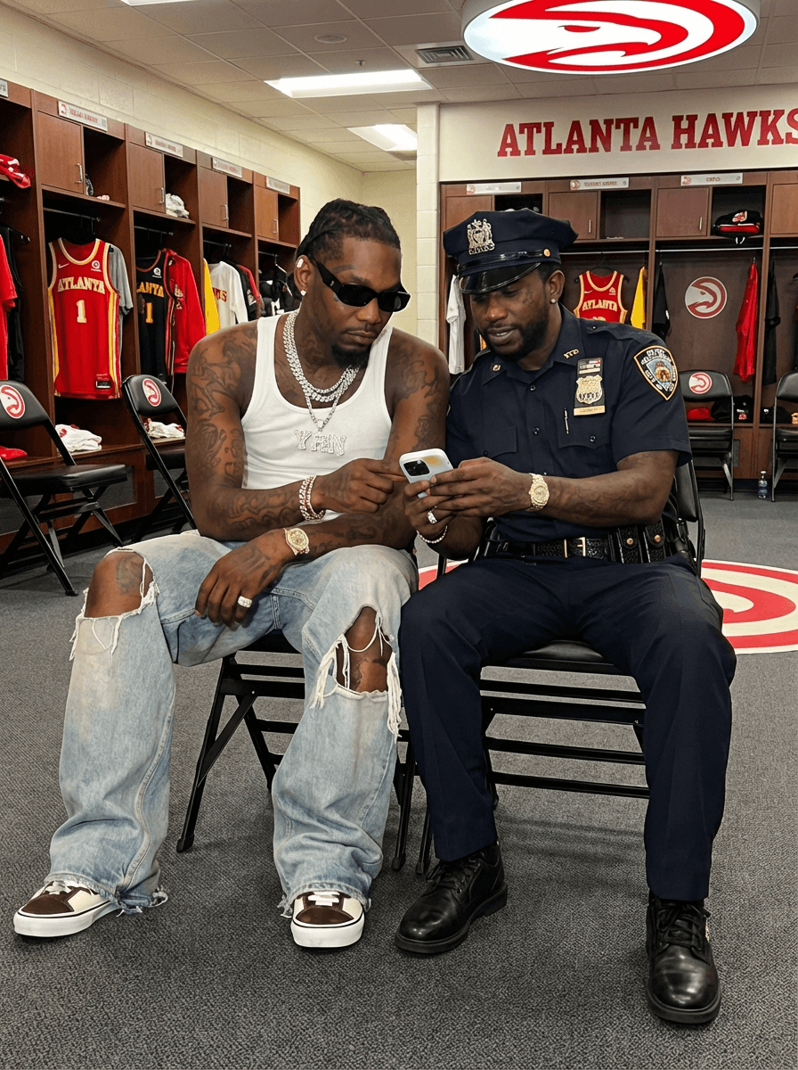replace man on the right with gucci man wearing a nypd cop uniform , inside a Atlanta hawks basketball locker room