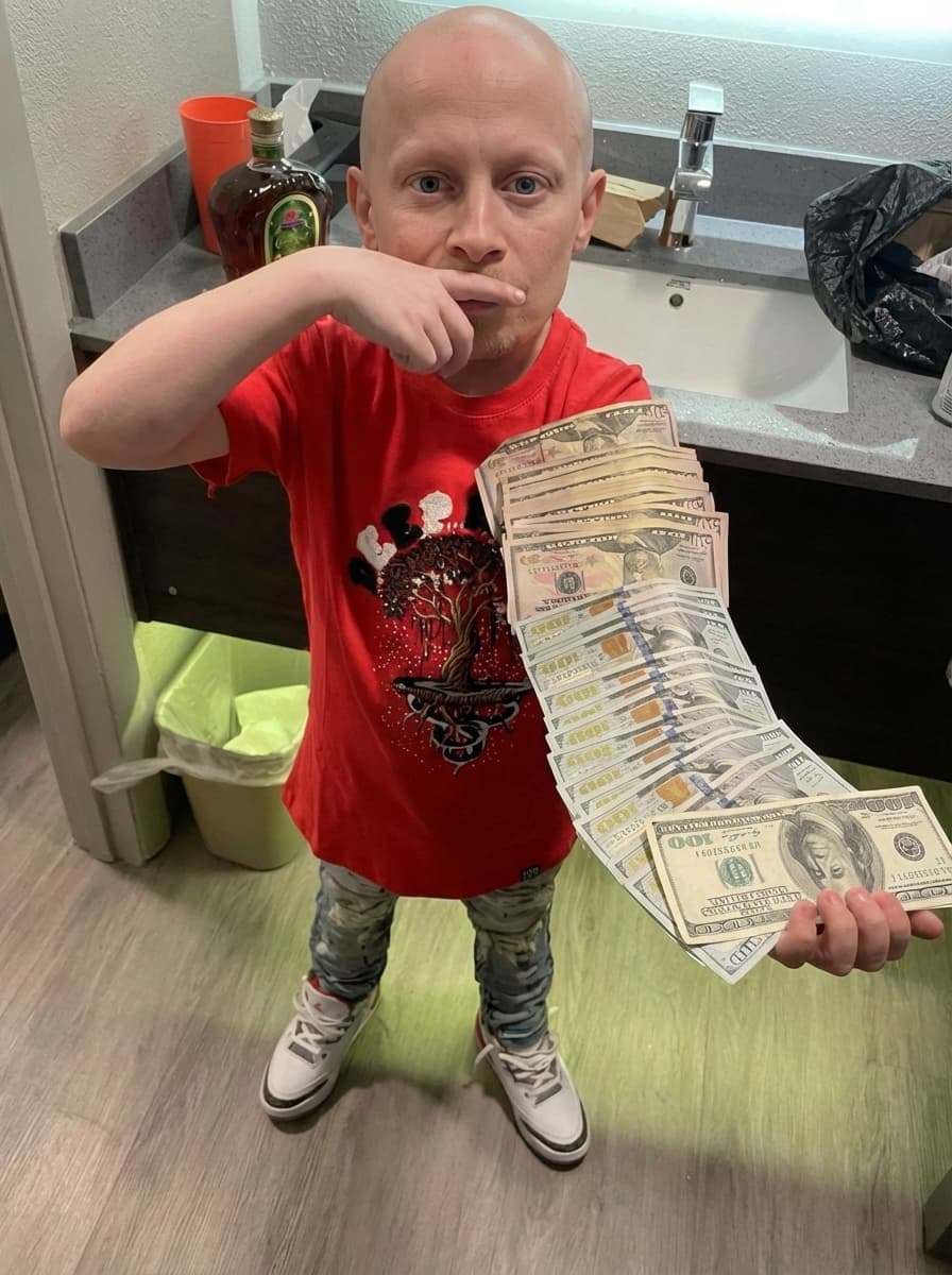 replace the person in this photo with mini me from austin powers. make sure to remove all tatoos make it look ultra realstic and make sure all of their body matches the skin tone of who they are. keep them in the same outfits as the original.
