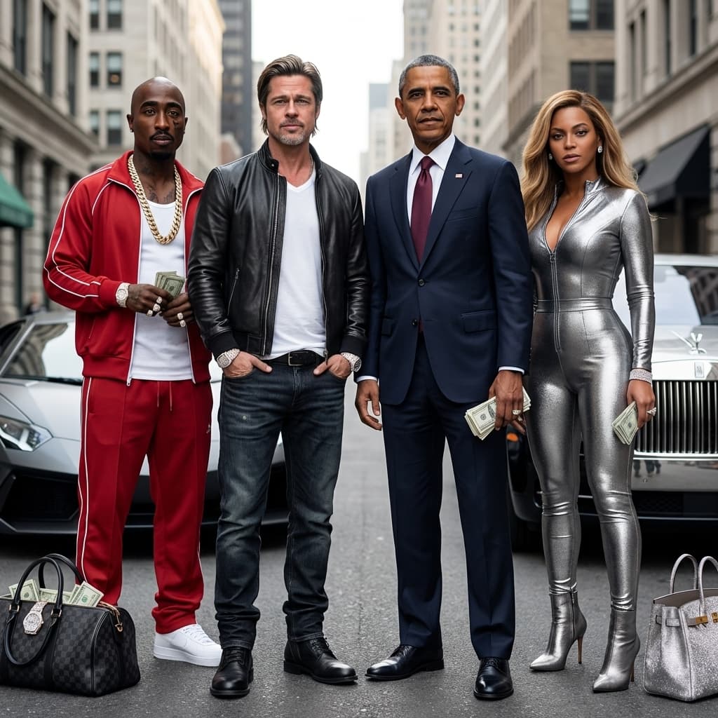 ### ðŸŽ¥ **Scene & Composition**
An ultra-photorealistic, cinematic luxury lifestyle image featuring Tupac Shakur, Brad Pitt, Barack Obama, and BeyoncÃ©, each depicted as older, mature versions (late teens to young adult where applicable), fully recognizable and accurate to their real-world or canonical likeness. They are positioned in a high-end luxury city street environment, with a modern upscale urban setting and exotic or luxury vehicle(s) nearby. The composition is an editorial group shot with confident spacing and balance. Their stances are natural and dominantâ€”relaxed but powerful, capturing a cinematic lifestyle photography aesthetic. The image appears to be shot on a high-end full-frame camera with a shallow depth of field where appropriate.

### ðŸ‘• **WARDROBE â€” ABSOLUTE REFERENCE LOCK**
Each character wears an outfit that identically matches the following descriptions, achieving a clean, fitted, modern luxury streetwear aesthetic. No hats are worn by any character. The clothing is a hard constraint, with no reinterpretation, substitutions, or blending.

*   **Tupac Shakur:** A matching red tracksuit with white piping, a thick gold chain, and a white undershirt.
*   **Brad Pitt:** A sleek black leather jacket over a simple white t-shirt, dark wash jeans, and classic black boots.
*   **Barack Obama:** A tailored dark navy suit, a crisp white dress shirt, and a rich burgundy tie.
*   **BeyoncÃ©:** A form-fitting designer jumpsuit in a metallic silver fabric, paired with high-heeled ankle boots and subtle diamond stud earrings.

### ðŸ’° **WEALTH & JEWELRY FLEX**
Each character subtly but clearly displays elite wealth:
*   Stacks of cash are visible in hands, or placed inside open luxury bags.
*   Diamond jewelry is prominent, including Cuban link chains, diamond watches, rings, and bracelets.
*   Jewelry sparkles naturally under realistic lighting.
*   Luxury bags are open or visible with cash inside.
The flex is quiet, confident, and realisticâ€”never exaggerated or cartoonish.

### ðŸ˜ **Facial Expression & Energy**
All characters exhibit calm, serious, boss-level expressions with confident dominance energy. There are no smiles, goofy, or exaggerated emotions. Their eyes look forward or slightly off-camera. Faces remain undistorted, realistic, and proportional.

### ðŸ’¡ **Lighting & Image Quality**
The image is rendered with ultra-photorealistic quality, showcasing sharp focus and clean skin texture with natural pores. It features high dynamic range lighting with cinematic shadows and highlights. There is no blur, noise, or artifacts.

### ðŸš« **STRICT RULES**
No clothing changes or inventions, no hats, no distorted faces or bodies, no cartoonization or stylization, and no exaggerated wealth or jewelry. Everything is realistic, grounded, and cinematic.

### ðŸŽ¯ **OVERALL VIBE**
Modern luxury â€¢ quiet power â€¢ elite money flex â€¢ cinematic realism â€¢ high-end editorial lifestyle â€¢ glow-up energy