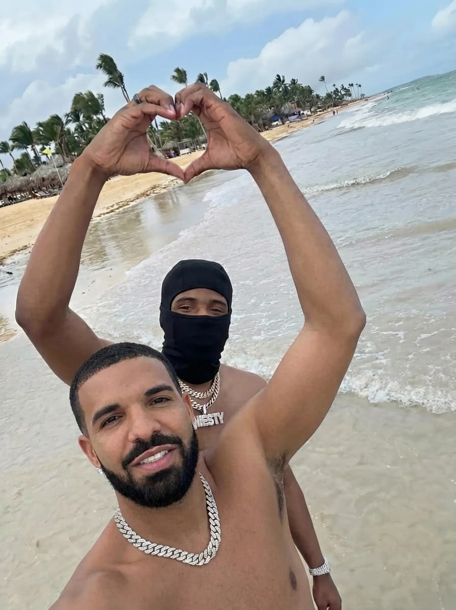 replace the man in this photo with drake, do not change anything else at all, make sure to completley remove the man and add drake. have drake be in the same outfit body position and all. remove all tattoos make sure he is drakes real complexion.  