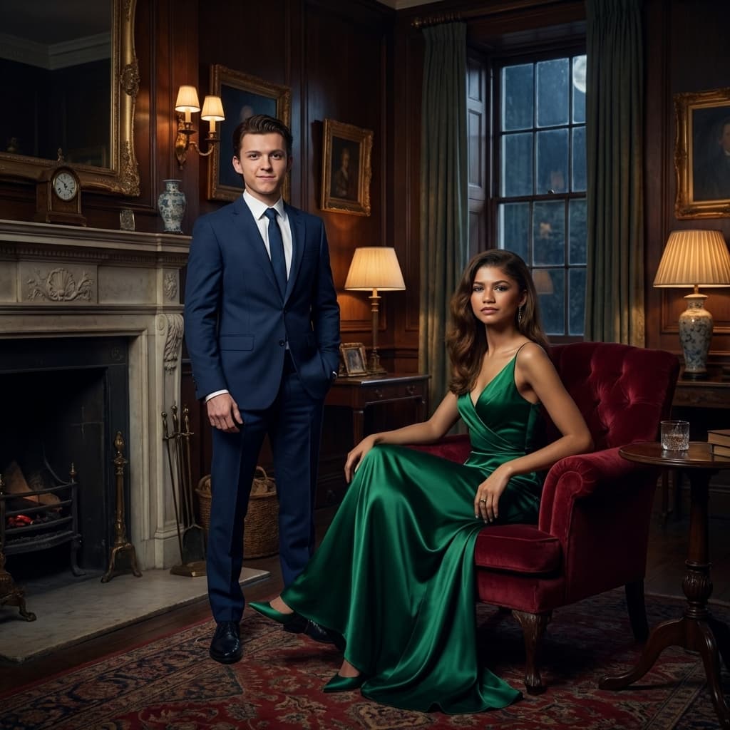 /imagine photorealistic, Tom Holland and Zendaya Stoermer Coleman, full body, in a luxurious, dimly lit, vintage-inspired room. Tom Holland, wearing a tailored navy blue suit with a crisp white shirt and a silk tie, stands confidently, a subtle smirk playing on his lips. Zendaya, in an elegant emerald green satin gown that shimmers under the soft light, is gracefully seated on a plush velvet armchair, her expression serene and sophisticated. Their skin tones are flawlessly natural and consistent with their individual complexions, with no tattoos visible on either. The lighting is dramatic and moody, casting soft shadows that highlight their facial features and the rich textures of their clothing. The atmosphere is one of refined elegance and understated glamour. --ar 16:9 --style raw --v 5.2