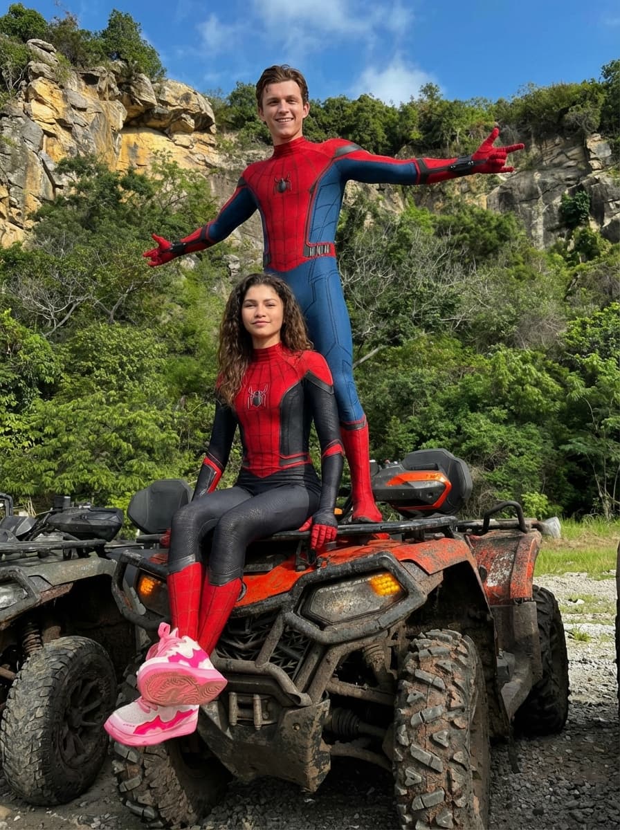 completley remove the couple in this photo replace the people in this photo with tom holland and Zendeya Stoermer Coleman and have them wearing male and female versions of the spiderman costume but do not have masks on so we can see their faces. make sure to remove all tatoos make it look ultra realstic and make sure all of their body matches the skin tone of who they are. keep them in the same outfits as the original.