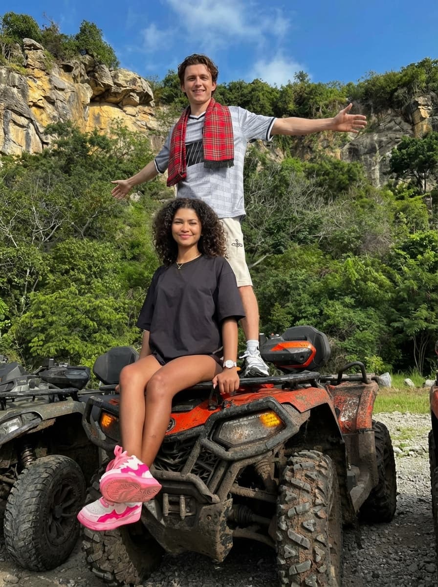 replace the people in this photo with tom holland and Zendeya Stoermer Coleman. make sure to remove all tatoos make it look ultra realstic and make sure all of their body matches the skin tone of who they are. remove the helmets so we can see their faces. keep them in the same outfits as the original. make sure tom hollands legs are the same color as his face and arms, everything matches