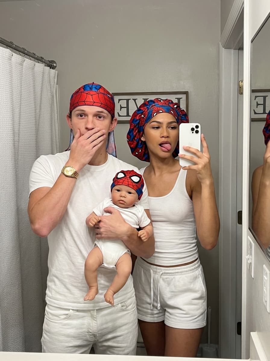 replace the people in this photo with tom holland and Zendeya Stoermer Coleman. make sure to remove all tatoos make it look ultra realstic and make sure all of their body matches the skin tone of who they are. remove the helmets so we can see their faces. keep them in the same outfits as the original. make the du rags and head scarf  be spiderman inspired and themed.
