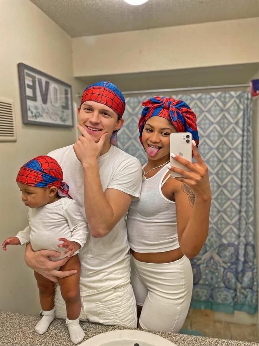 replace the people in this photo with tom holland and Zendeya Stoermer Coleman. make sure to remove all tatoos make it look ultra realstic and make sure all of their body matches the skin tone of who they are. remove the helmets so we can see their faces. keep them in the same outfits as the original. make the du rags and head scarf  be spiderman inspired and themed.