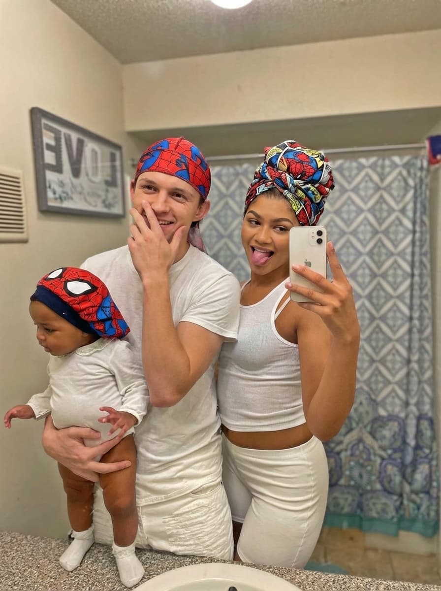 replace the people in this photo with tom holland and Zendeya Stoermer Coleman. make sure to remove all tatoos make it look ultra realstic and make sure all of their body matches the skin tone of who they are. remove the helmets so we can see their faces. keep them in the same outfits as the original. make the du rags and head scarf  be spiderman inspired and themed.